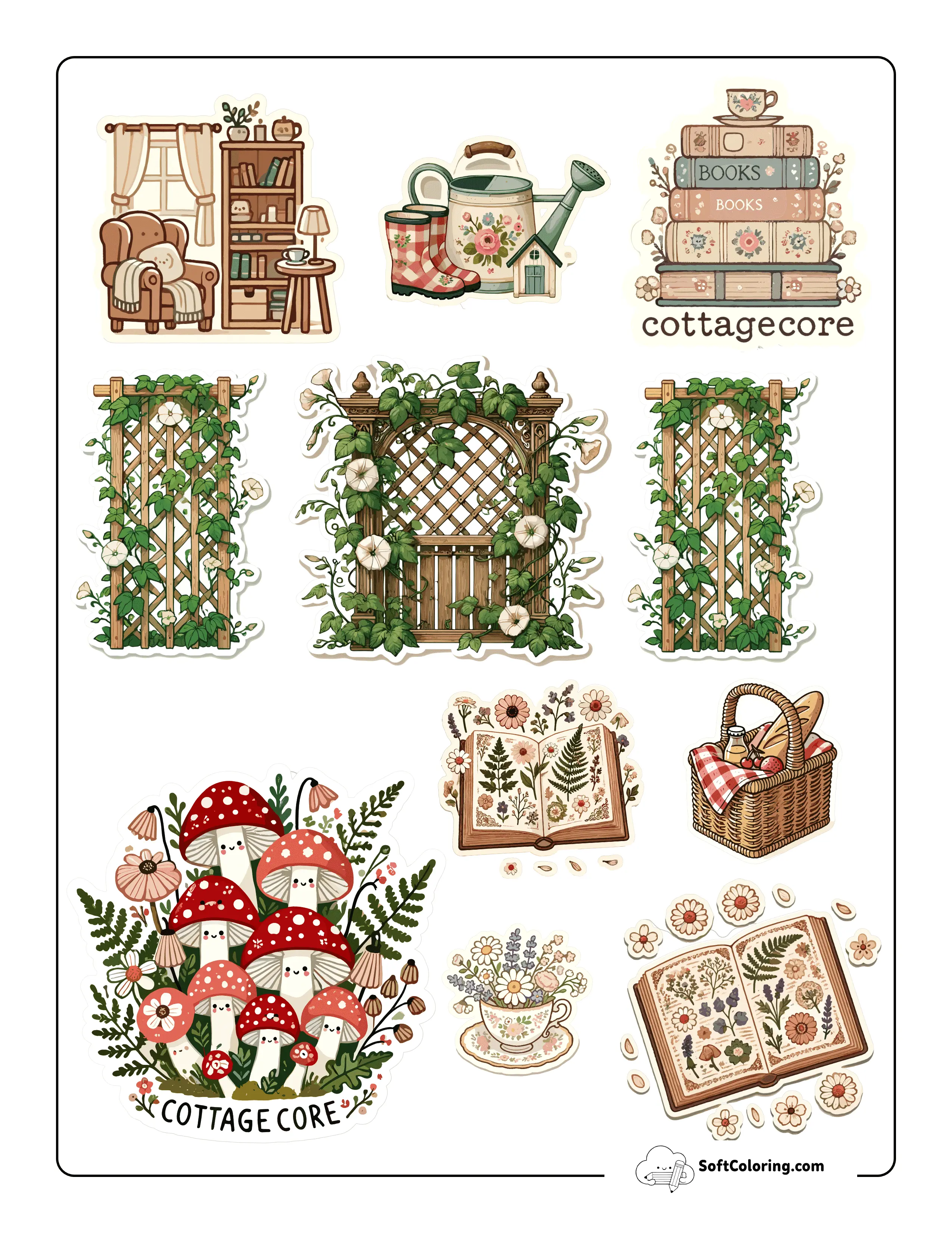 Cute Mushroom Cottagecore Aesthetic Printable Sticker Sheet