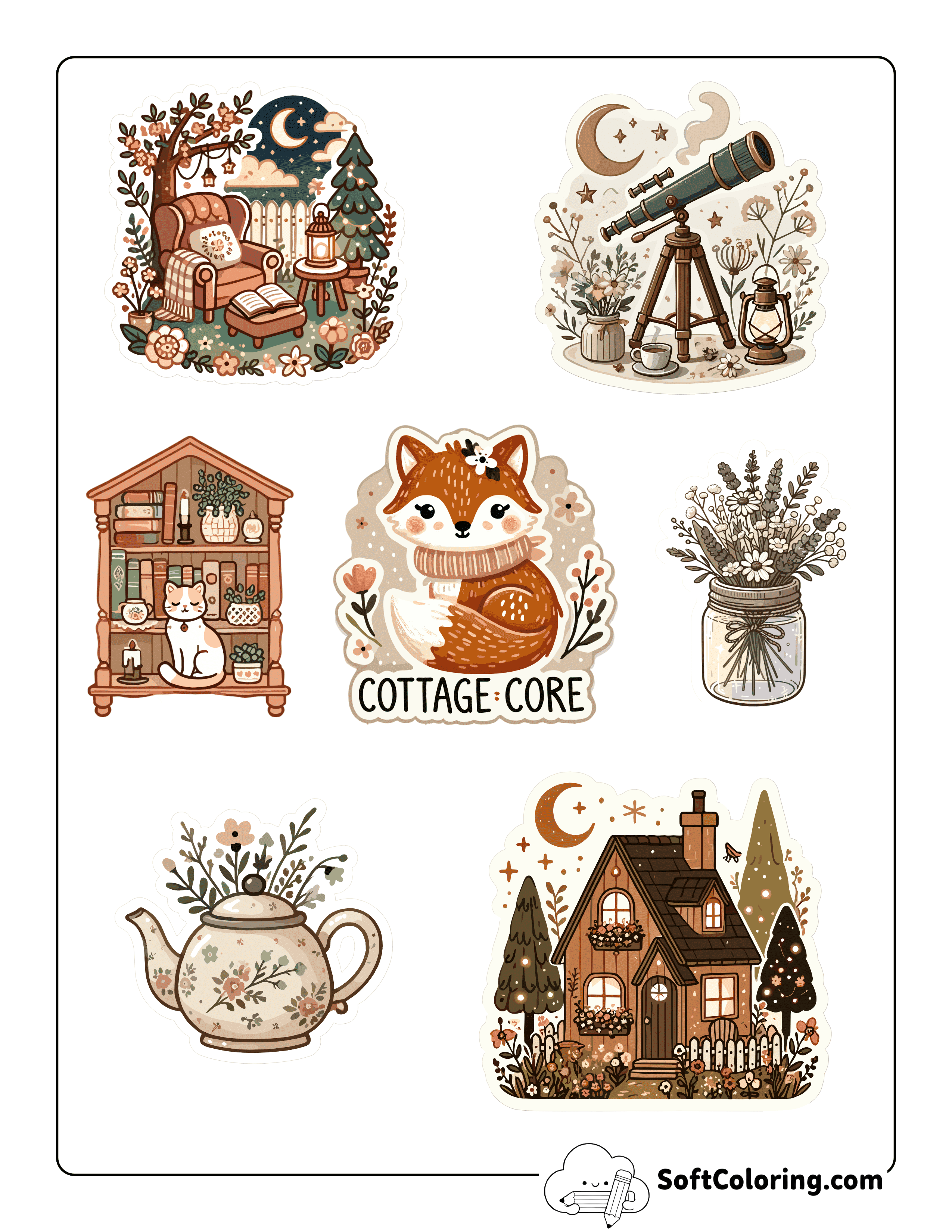 Night Theme Cottage Core Sticker Sheet Printable