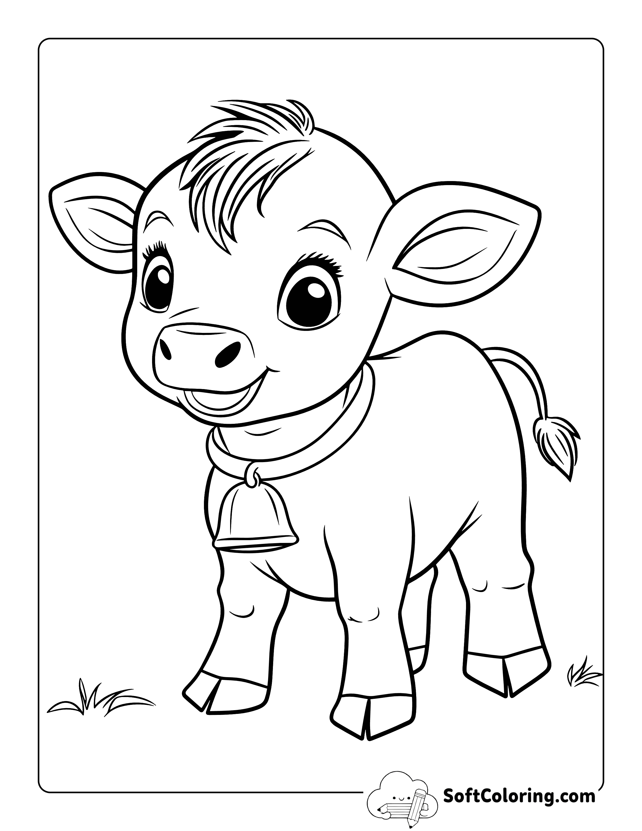 Cute Cow with Bell Coloring Page for Kids