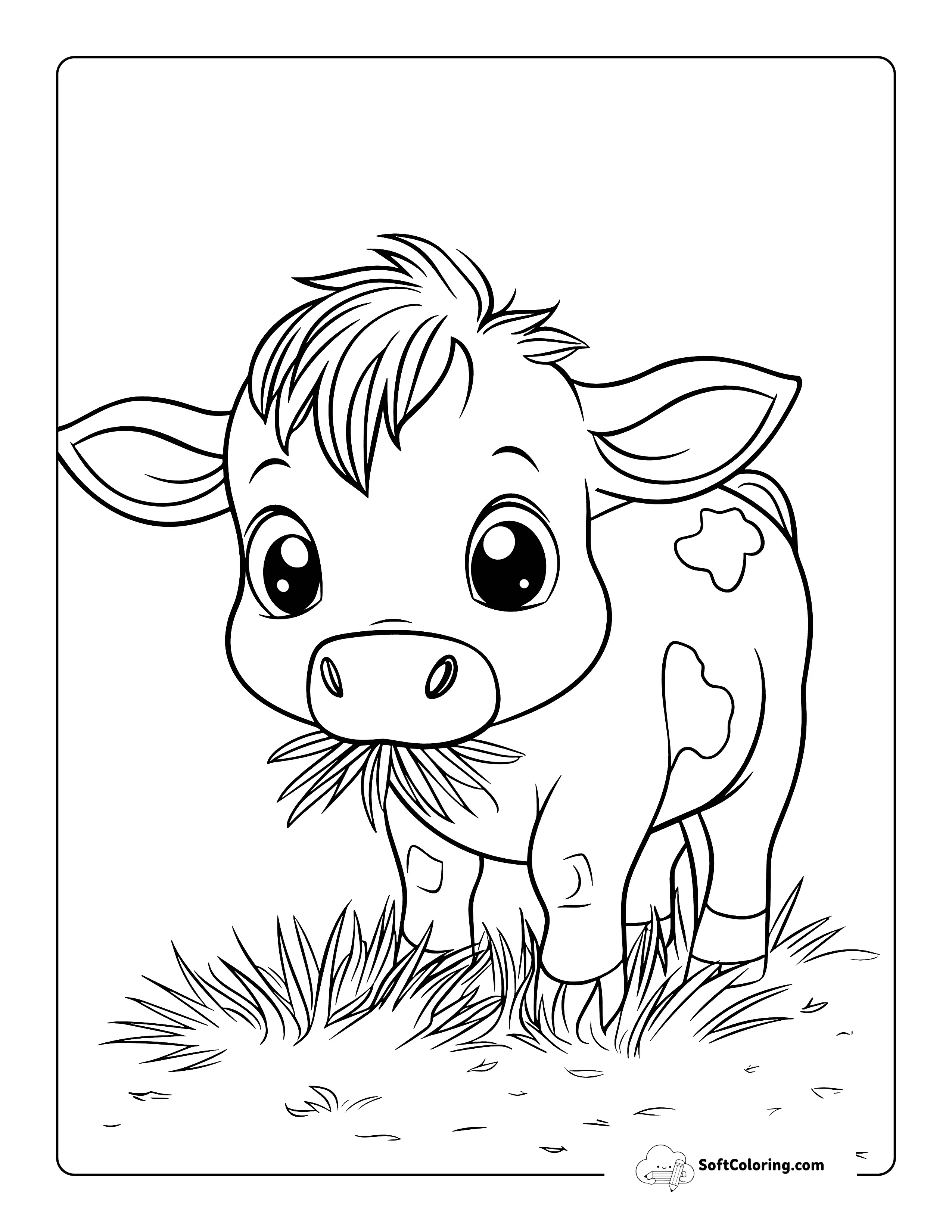 Baby Cow Eating Grass Coloring Sheet For Kids
