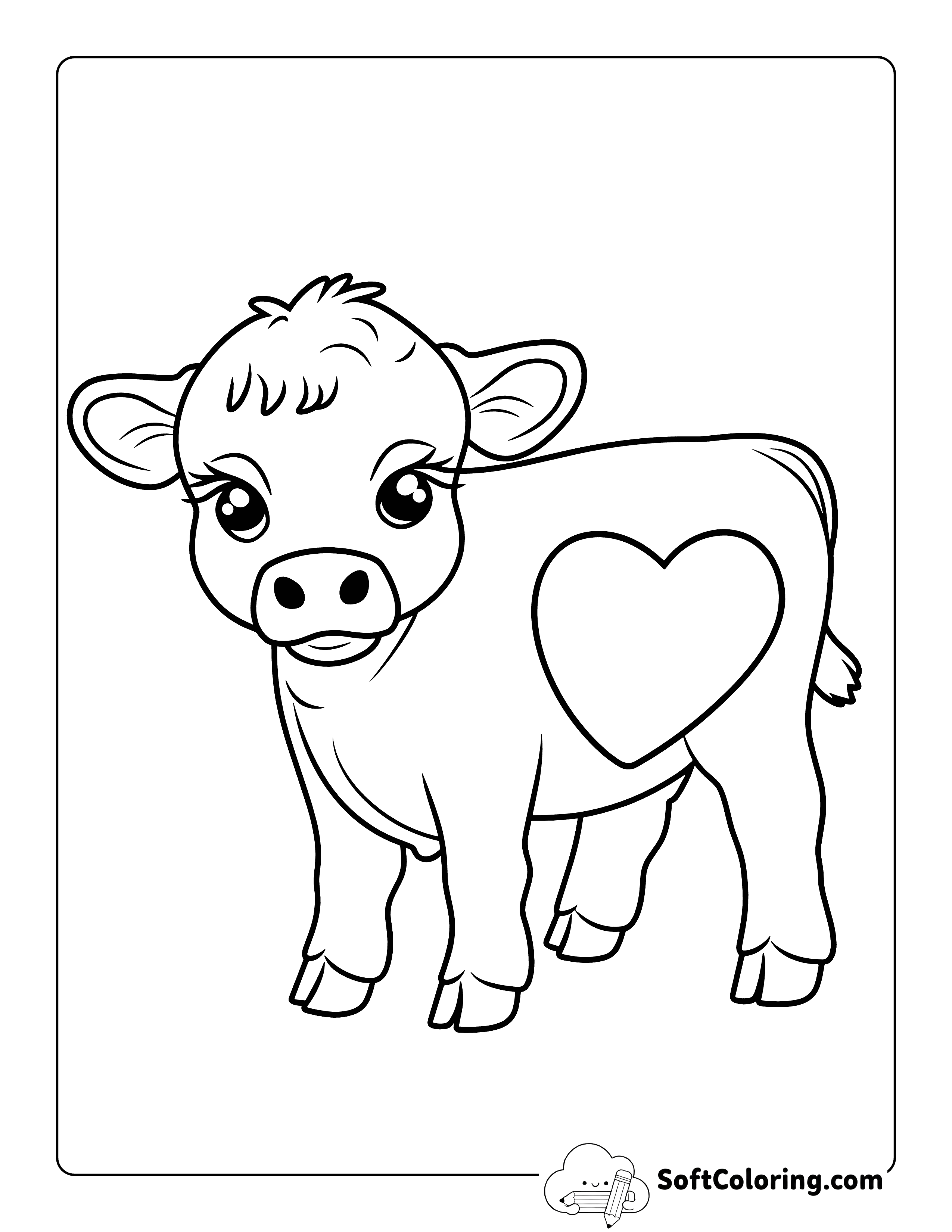 Easy Heart Cow Coloring Page For Preschoolers