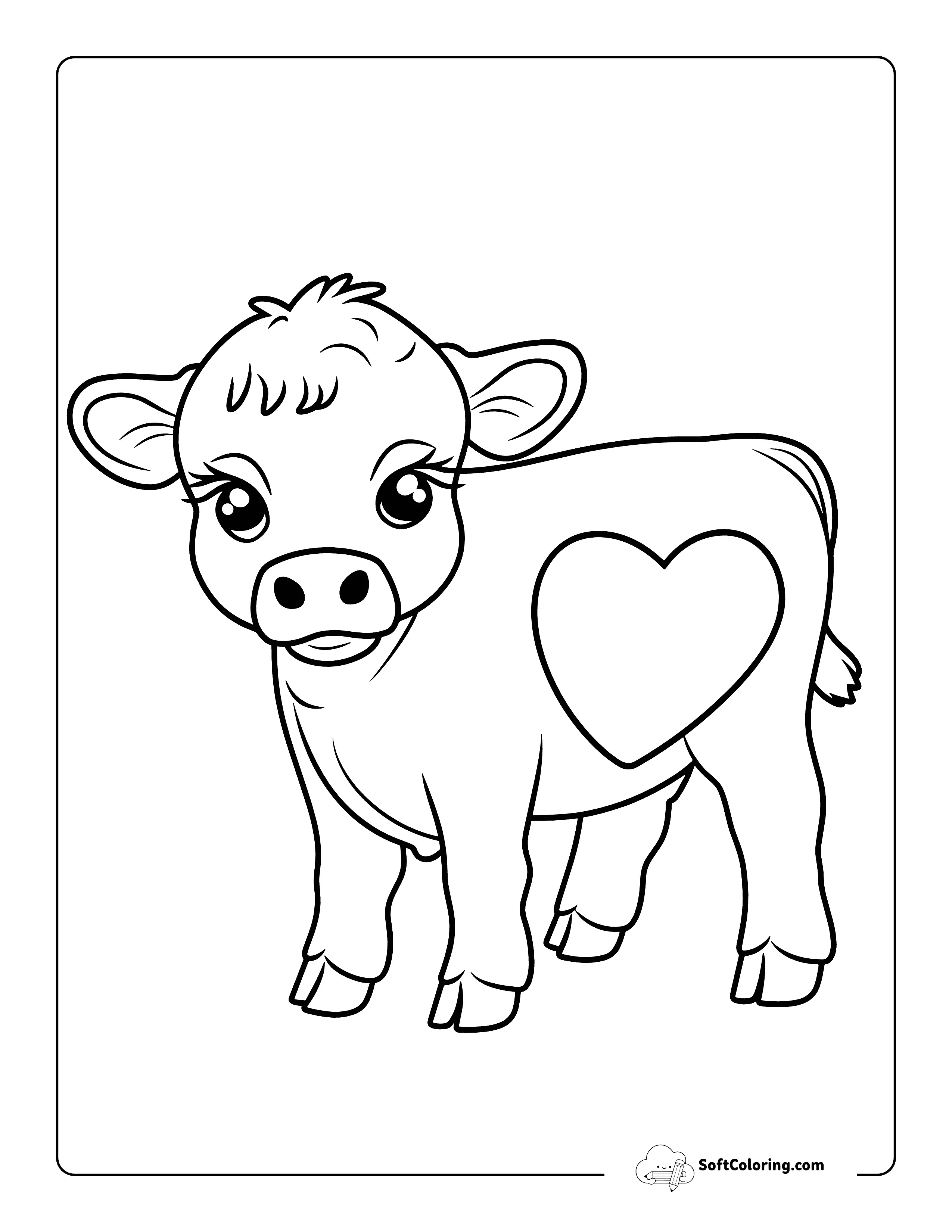 Easy Heart Cow Coloring Page For Preschoolers