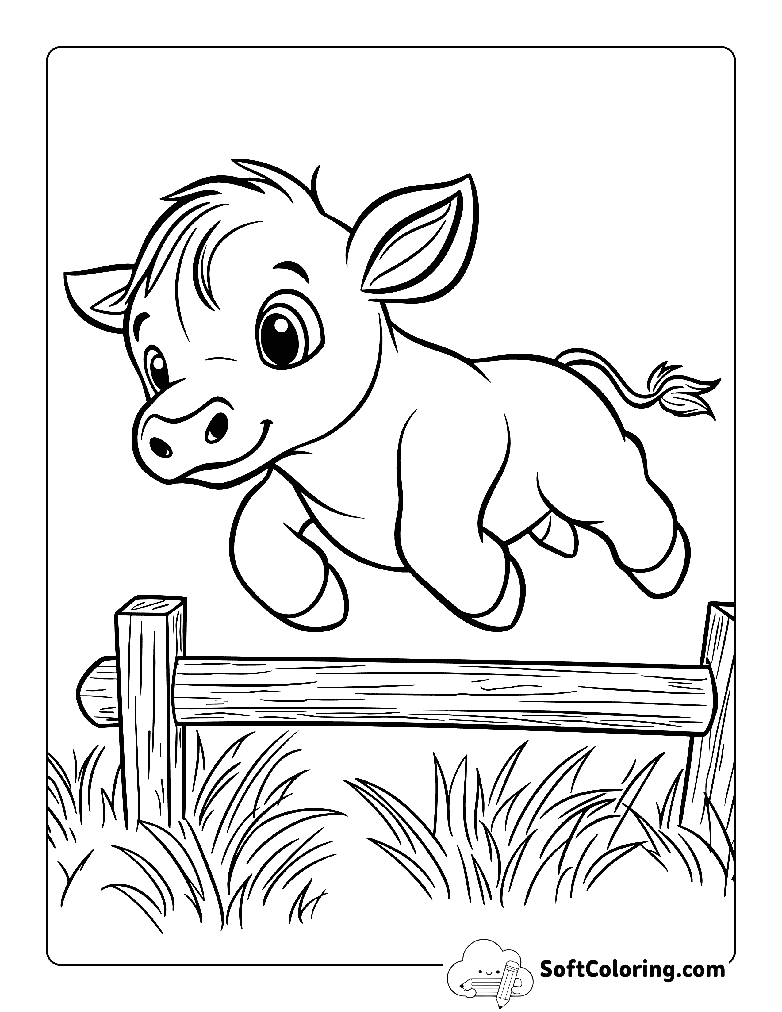 Jumping a Gate Baby Cow Coloring Sheet for Kids