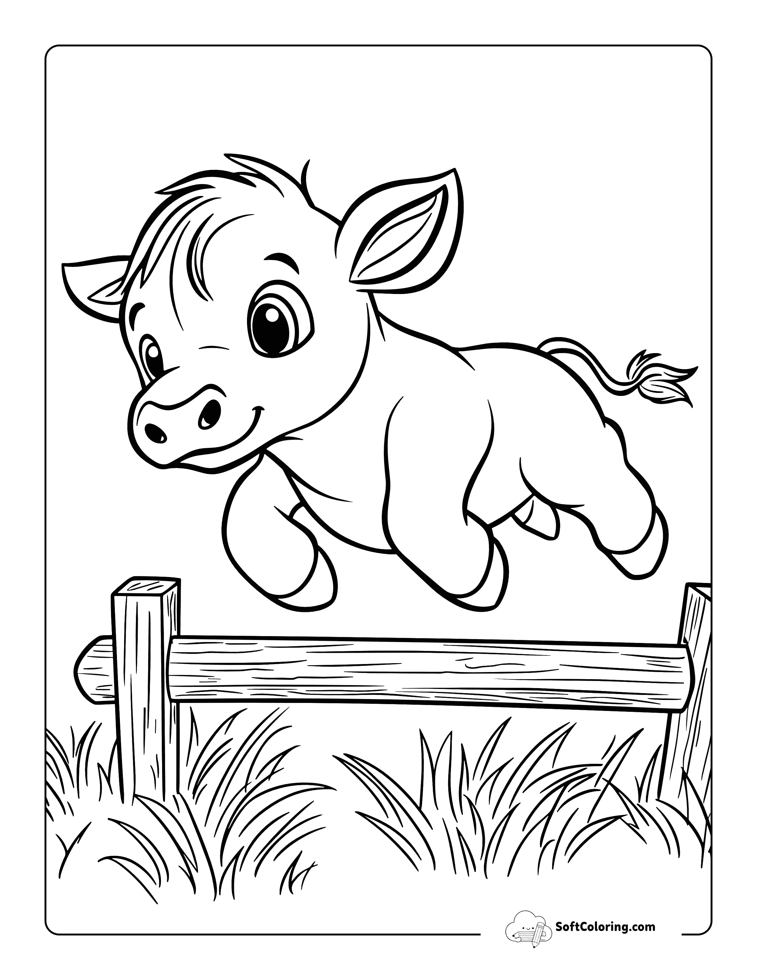 Jumping A Gate Baby Cow Coloring Sheet For Kids