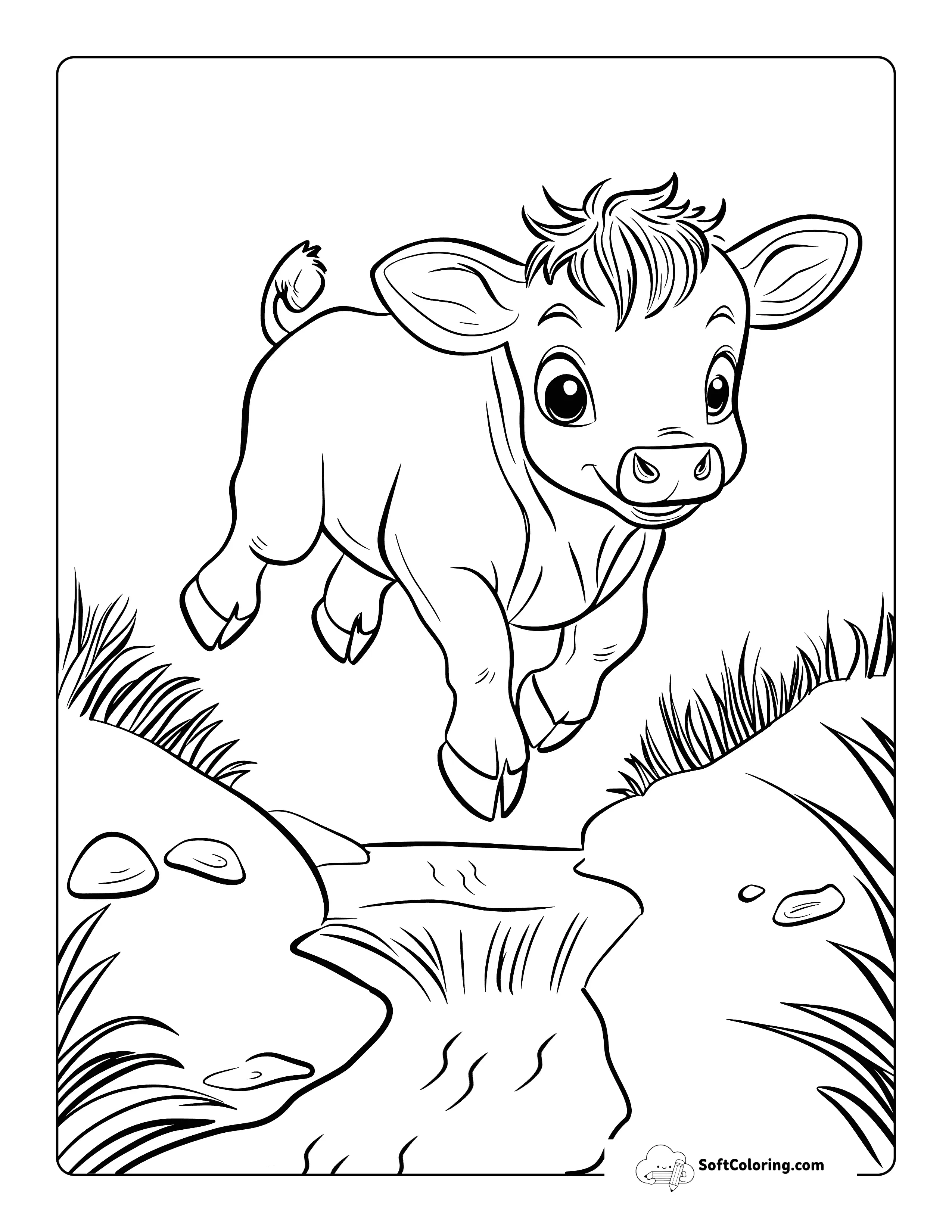Leaping A Stream Cute Cow Coloring Page For Kids