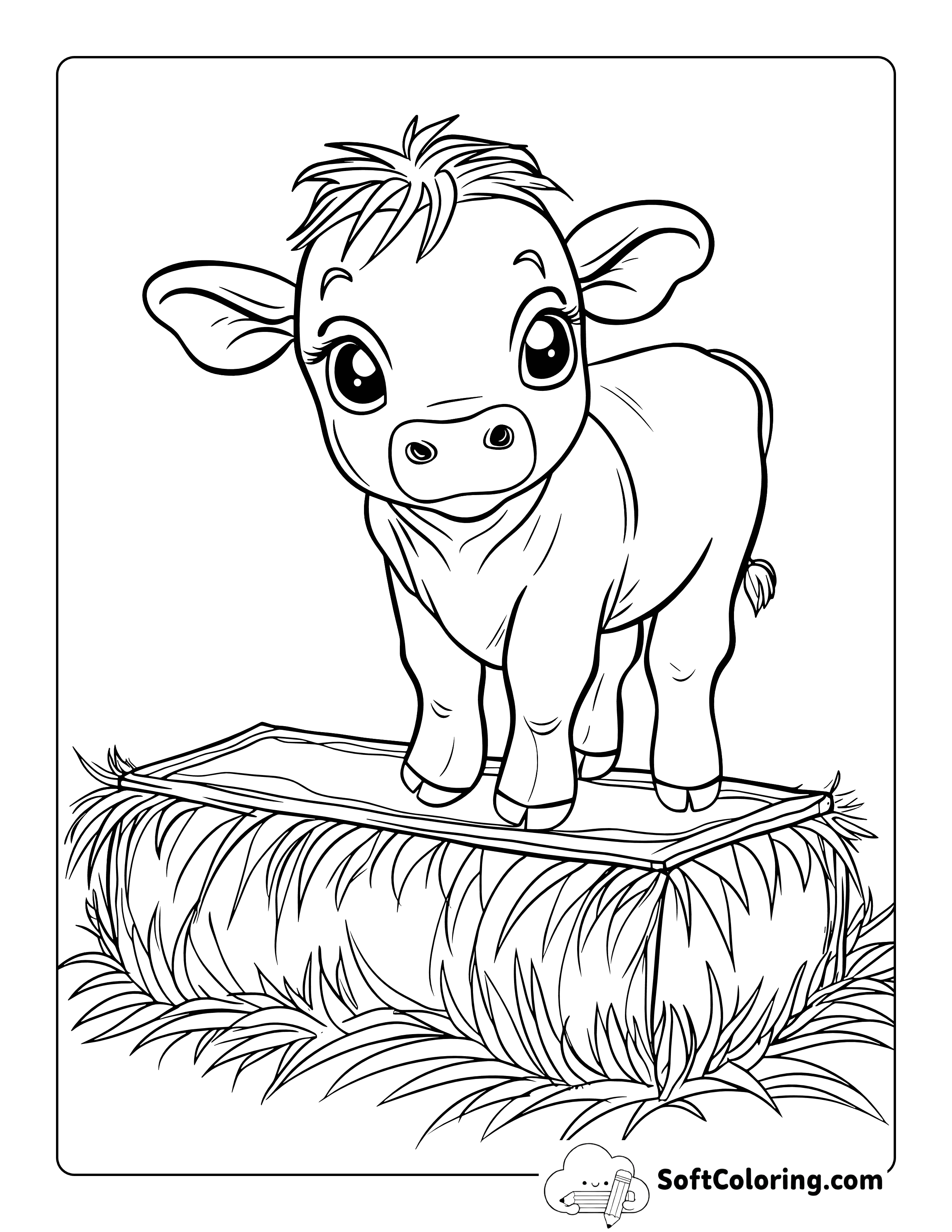 Baby Cow on Hay Bale Coloring Sheet for Kids
