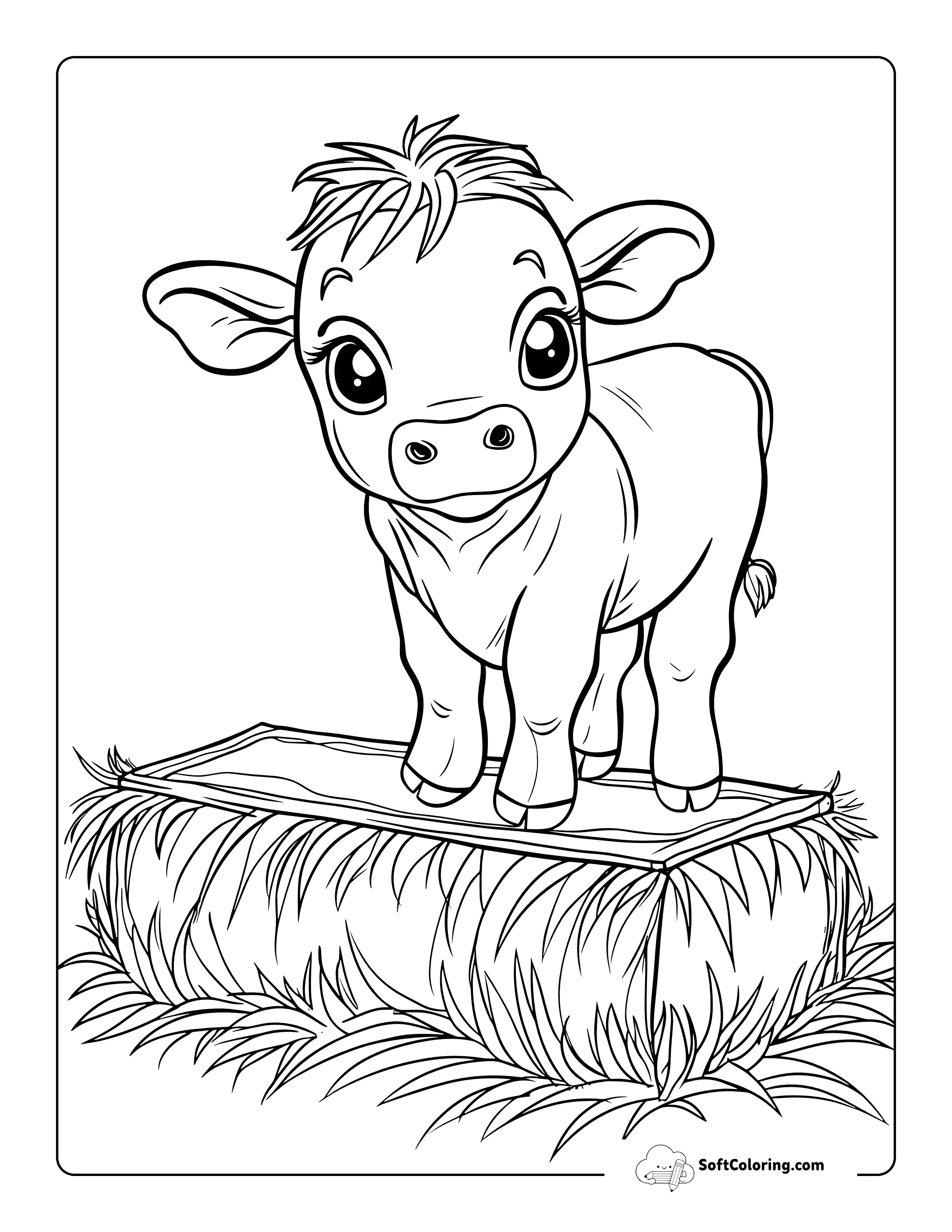 Baby Cow On Hay Bale Coloring Sheet For Kids