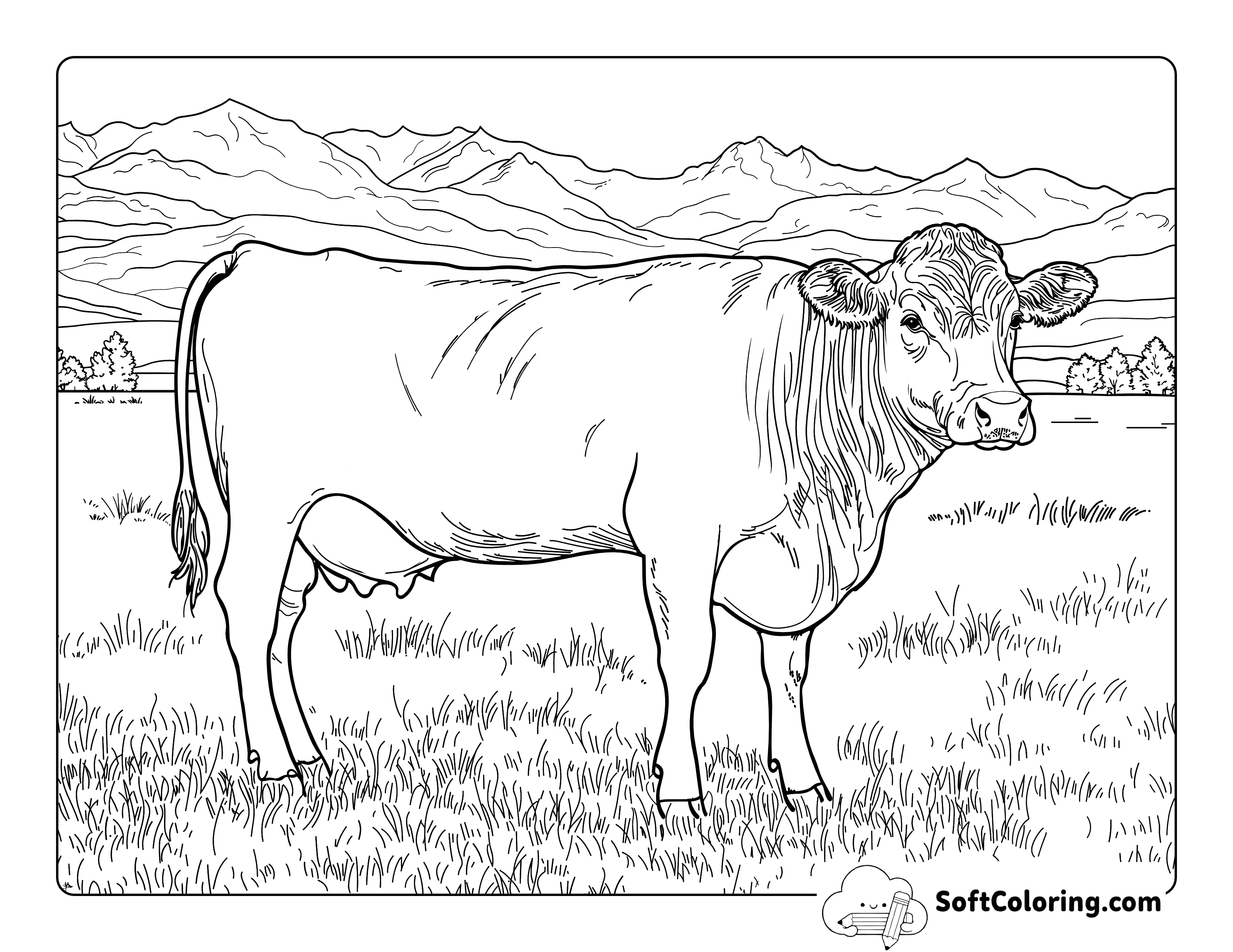 Realistic Cow and Mountain Scene Coloring Sheet