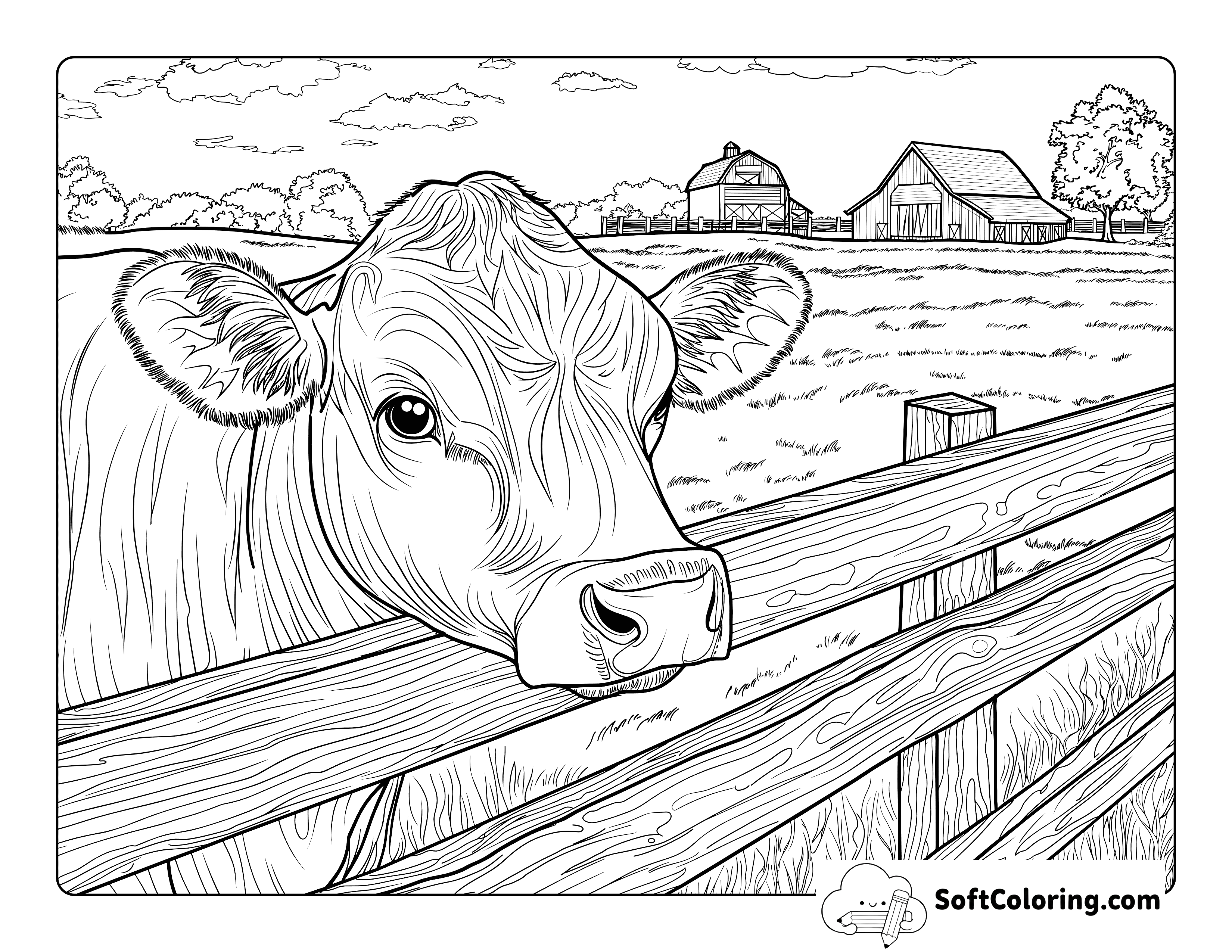 Realistic Cute Cow at Fence Coloring Page for Adults