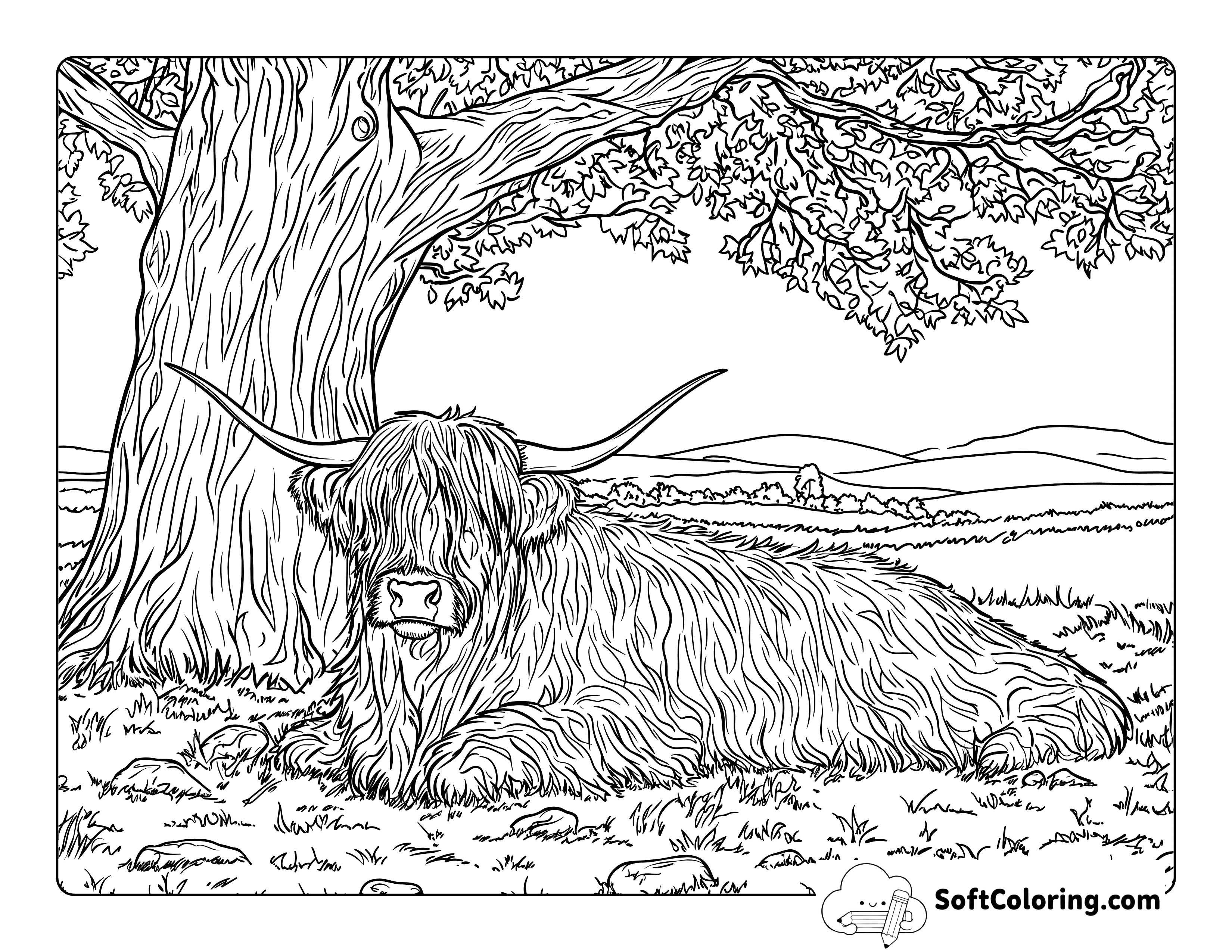 Realistic Highland Cow under Tree Coloring Page for Adults