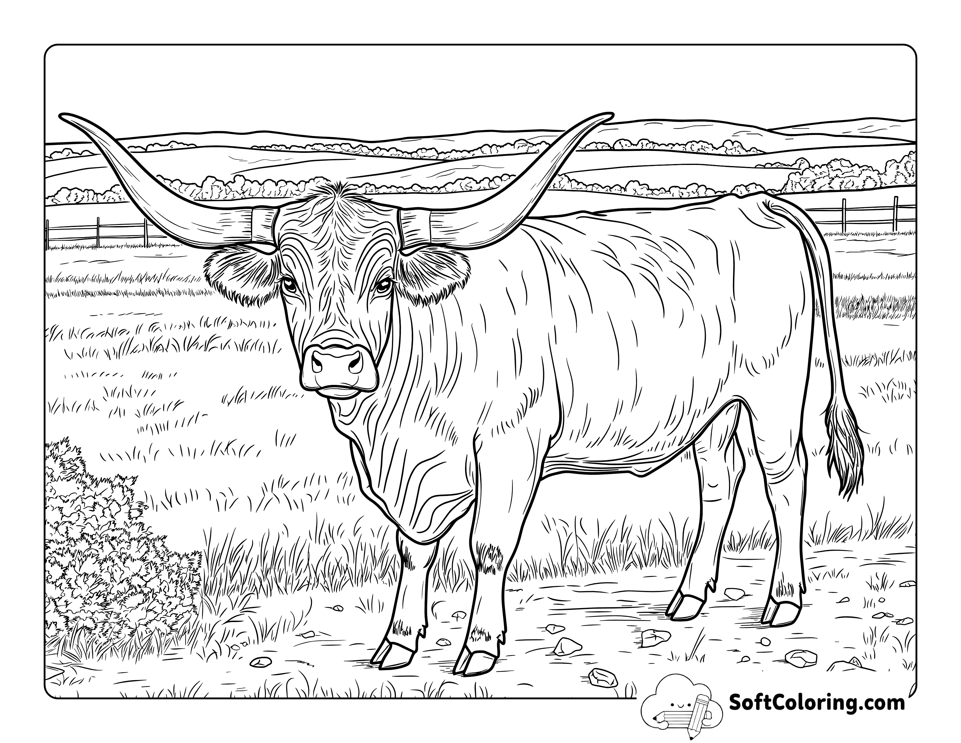 Realistic Longhorn Cow Coloring Page for Adults