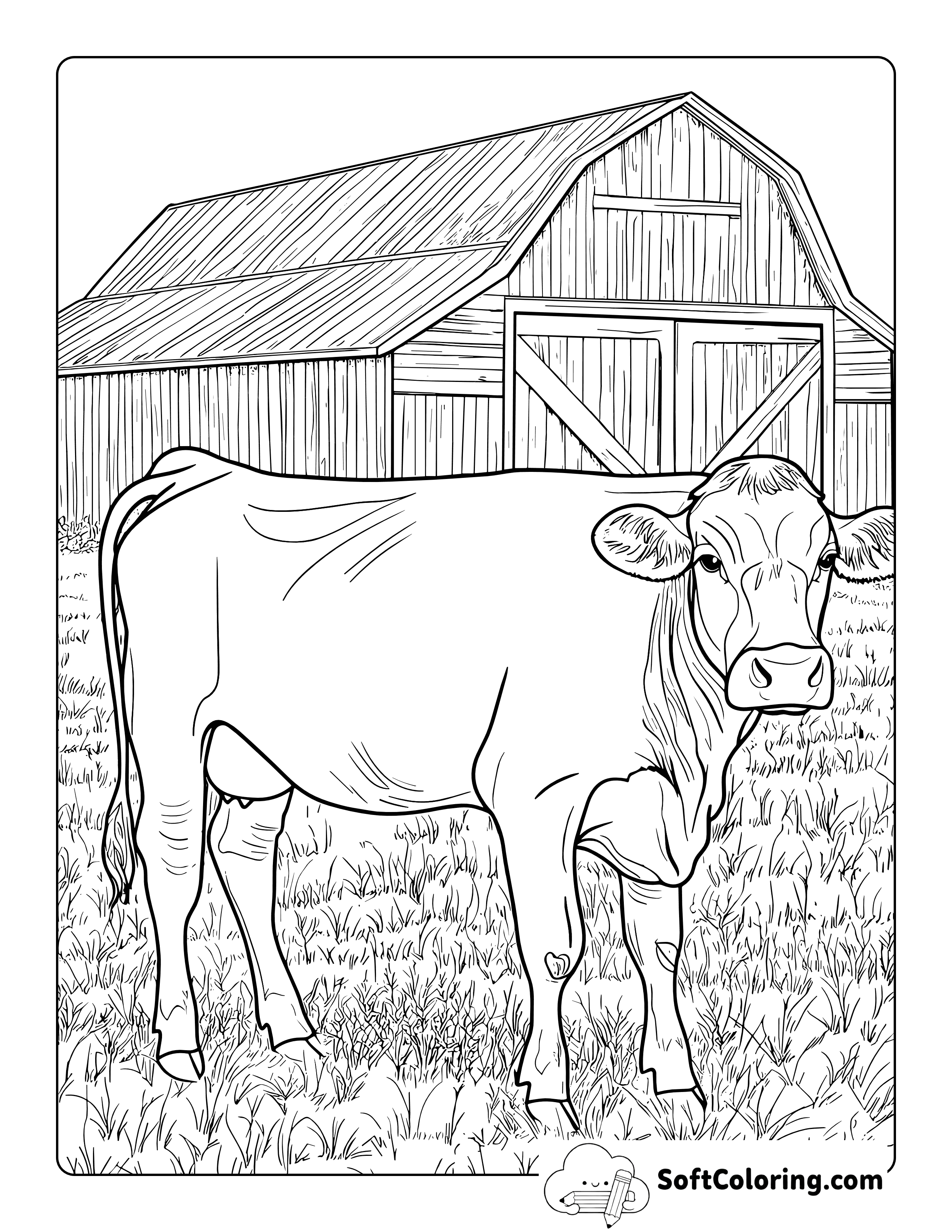 Realistic Cow at Barn Coloring Page for Adults