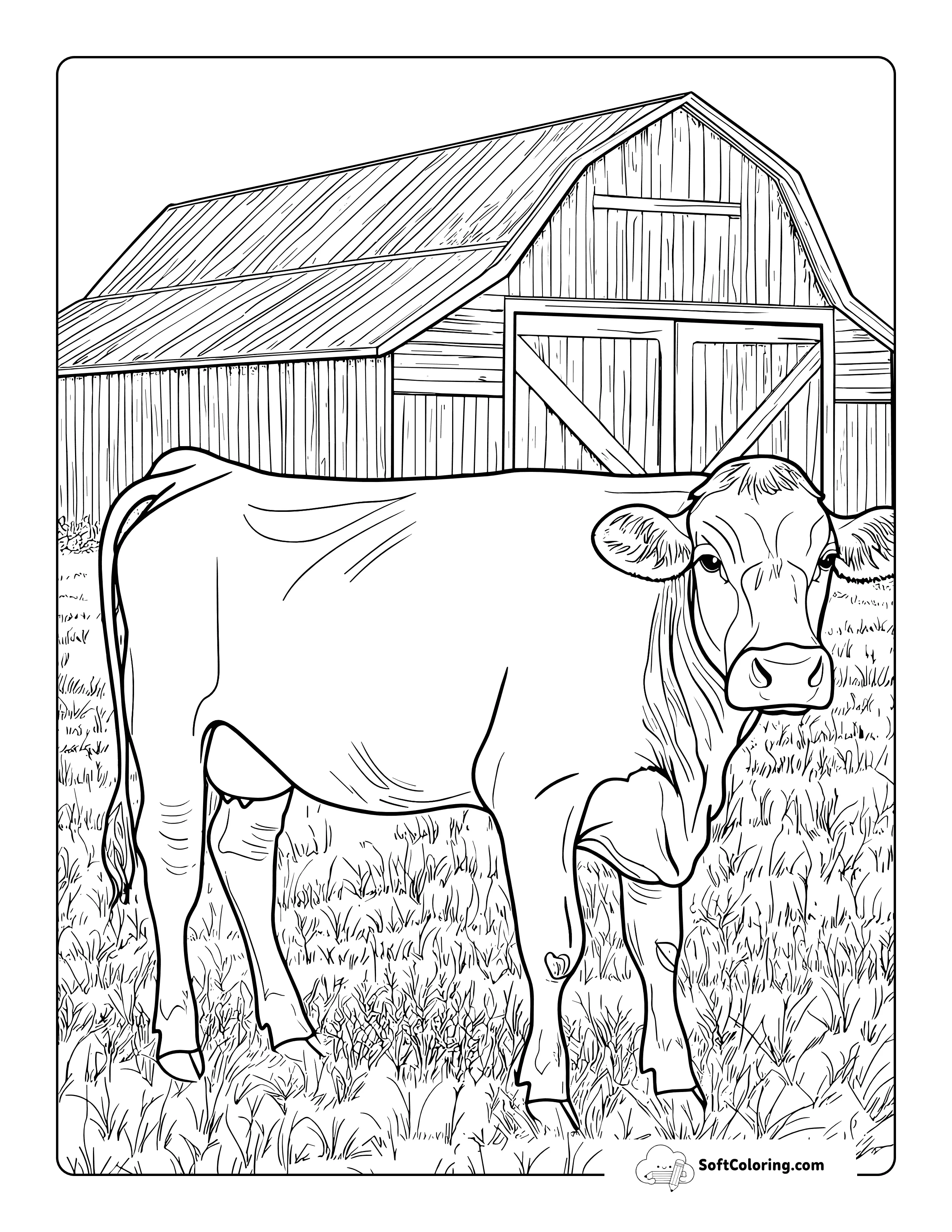 Realistic Cow At Barn Coloring Page For Adults