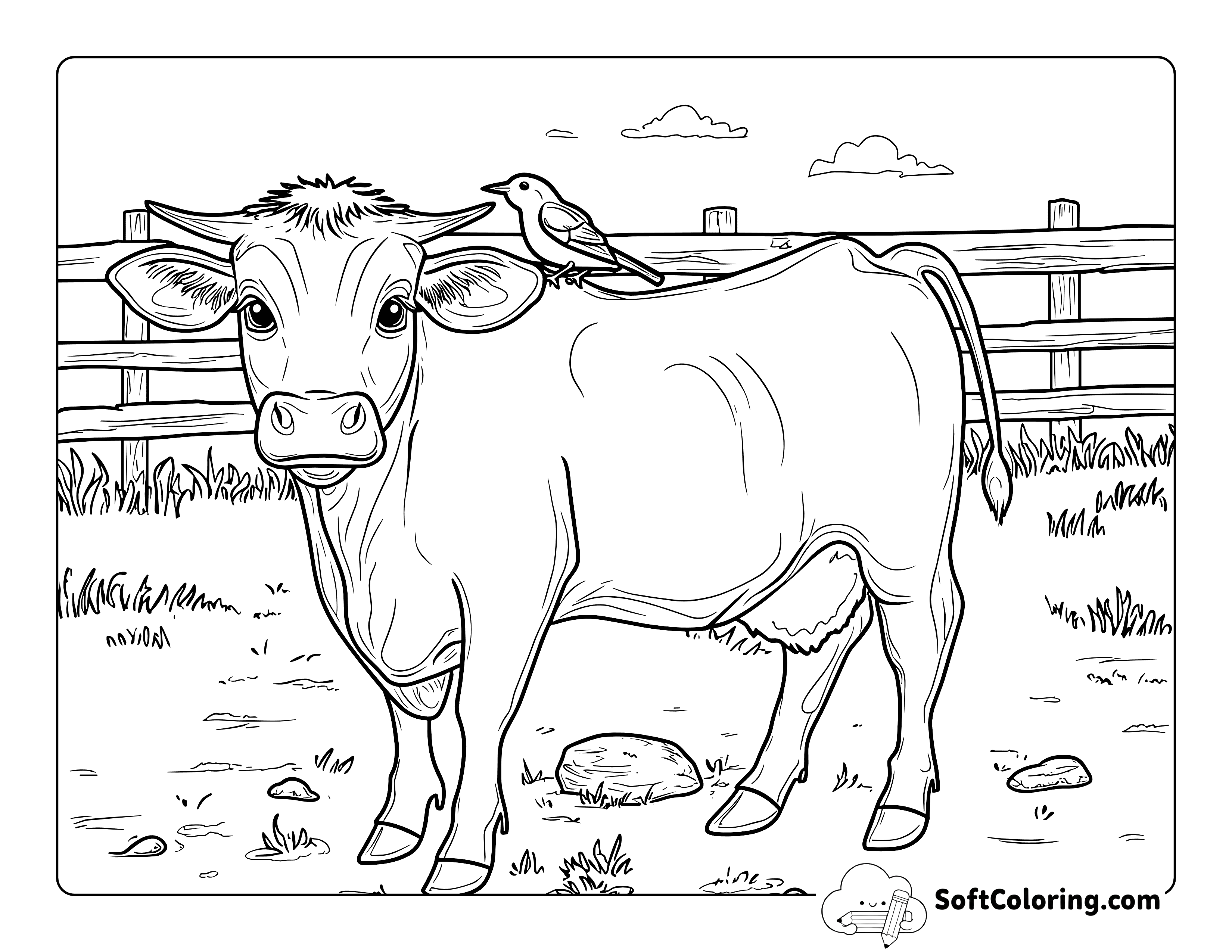 Simple and Realistic Cow with Bird Friend Coloring Sheet
