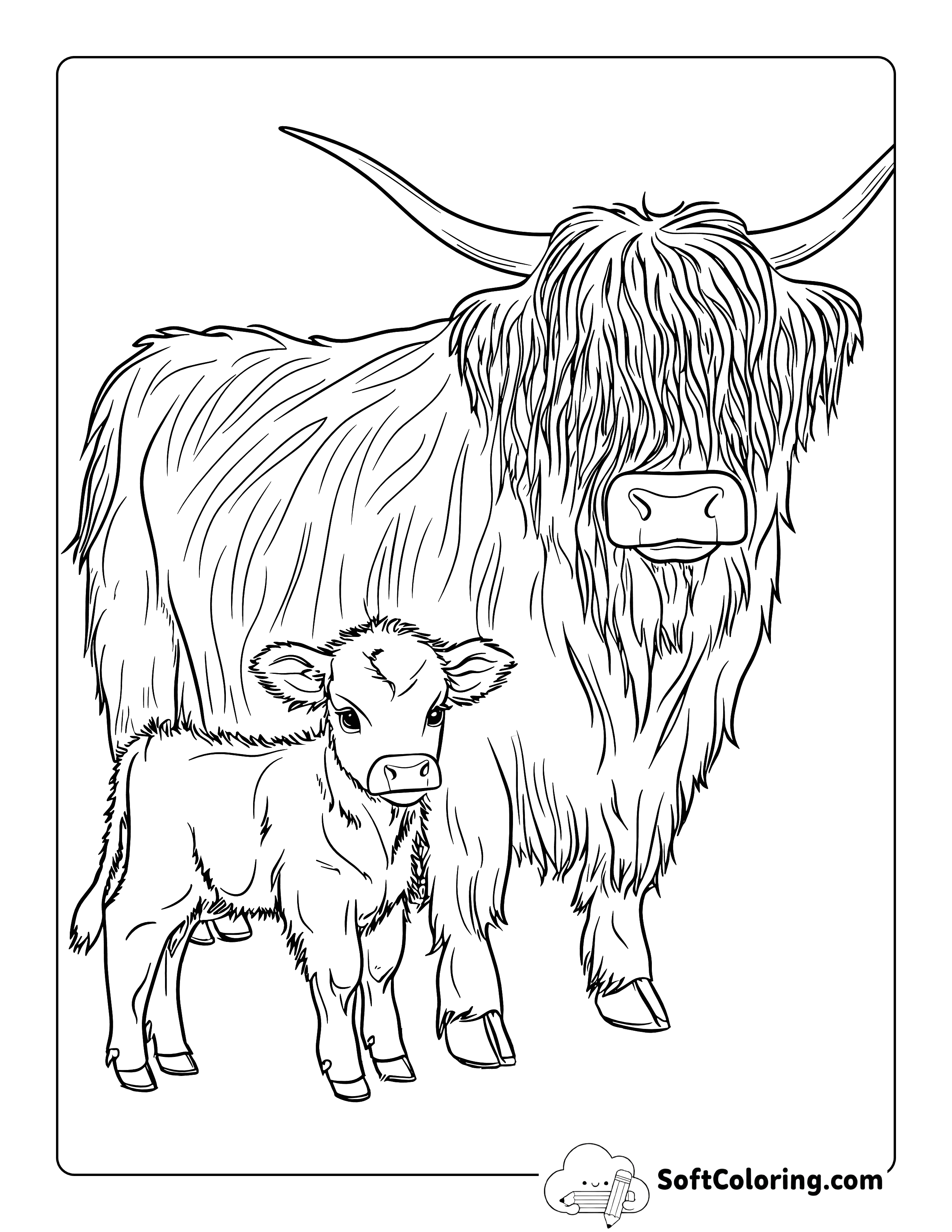 Cute Baby Cow and Mom Highland Cow Coloring Sheet