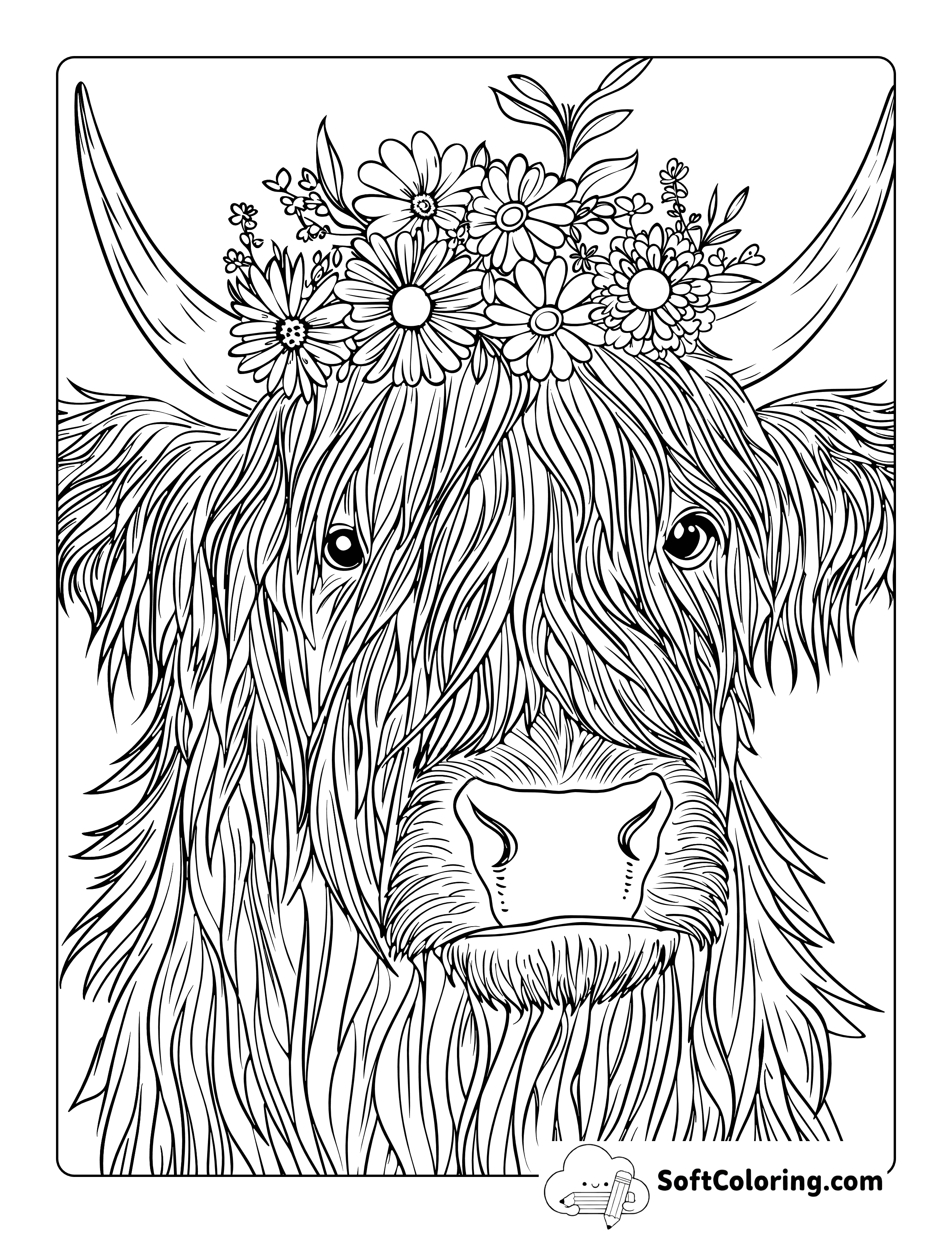 Flower Crown Cute Highland Cow Coloring Page for Adults