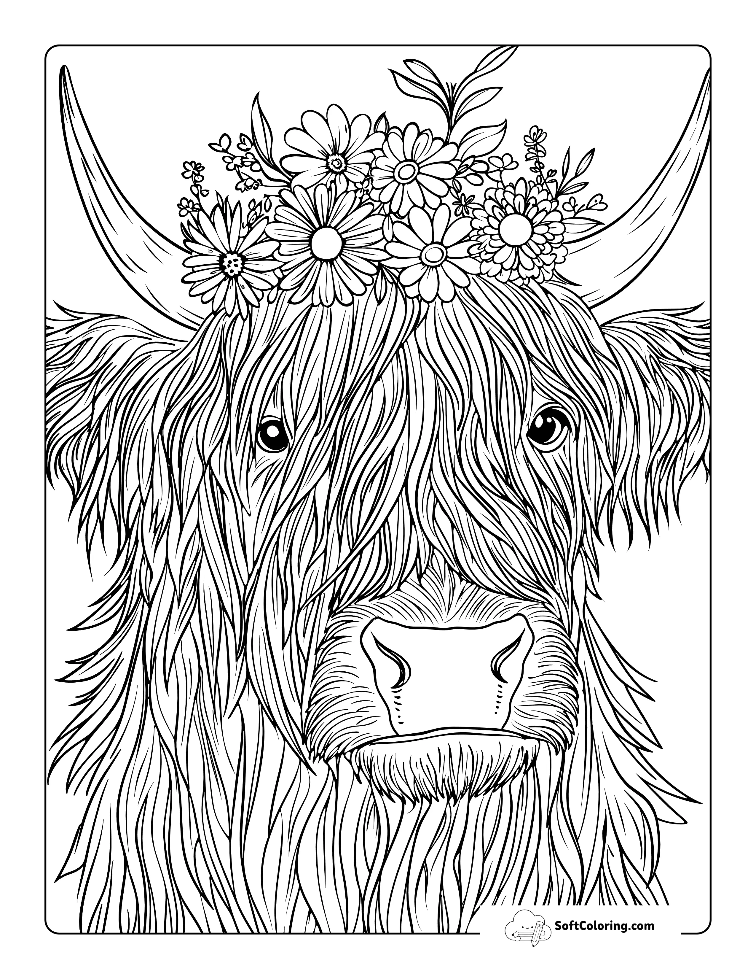 Flower Crown Cute Highland Cow Coloring Page For Adults