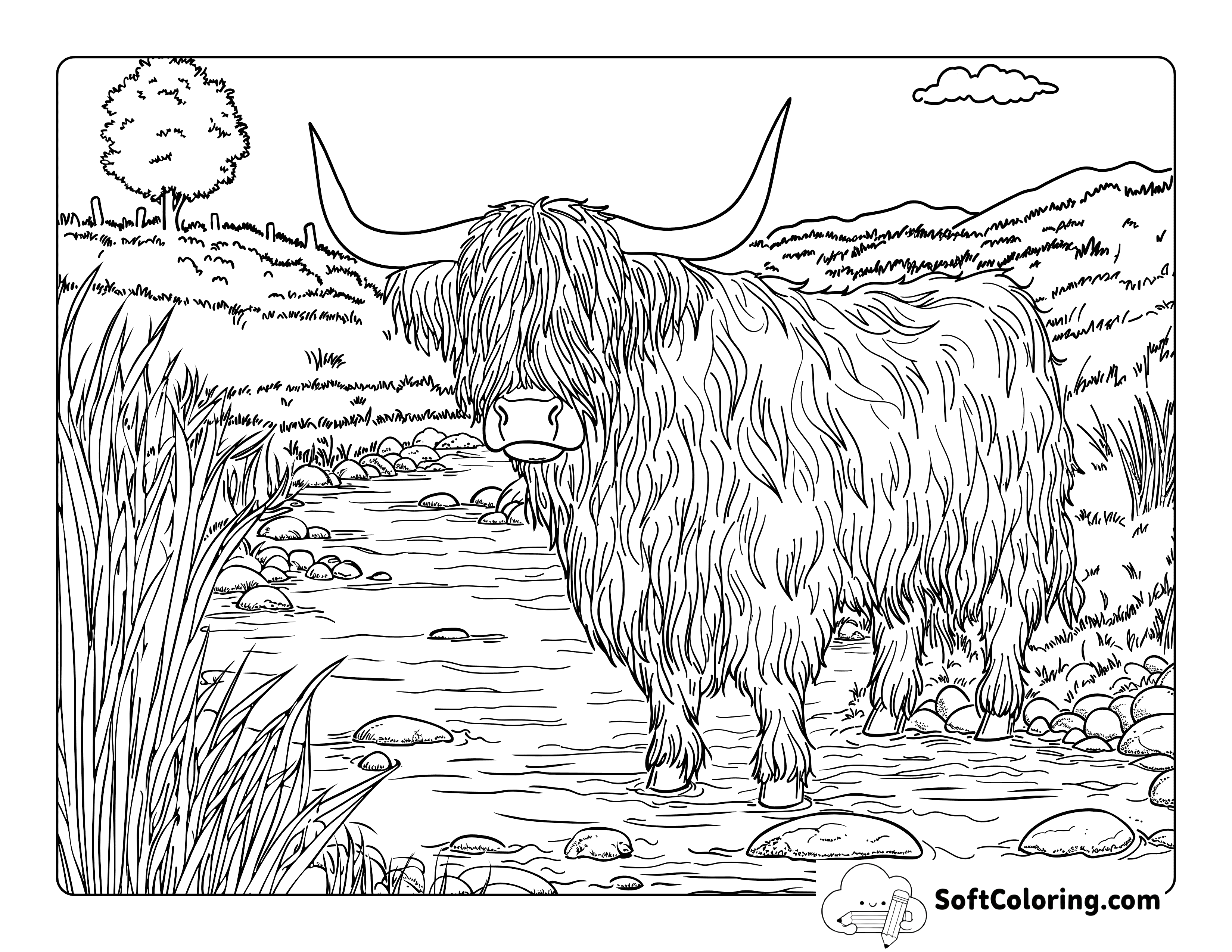 Highland Cow in Stream Printable Coloring Page