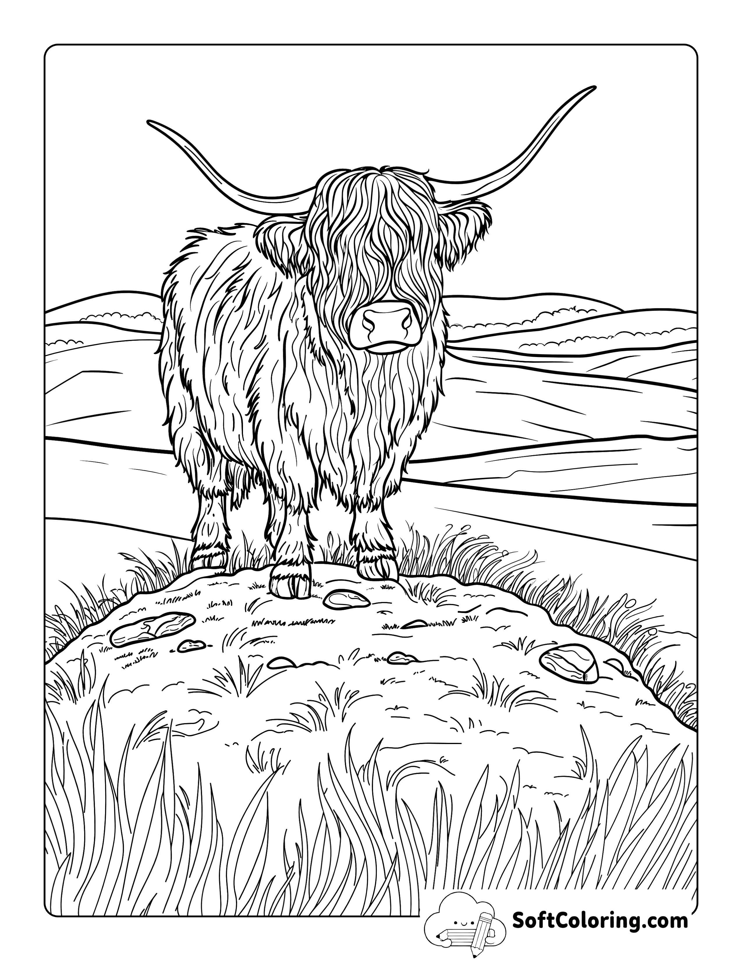 Realistic Cute Highland Cow on a Hill Coloring Sheet