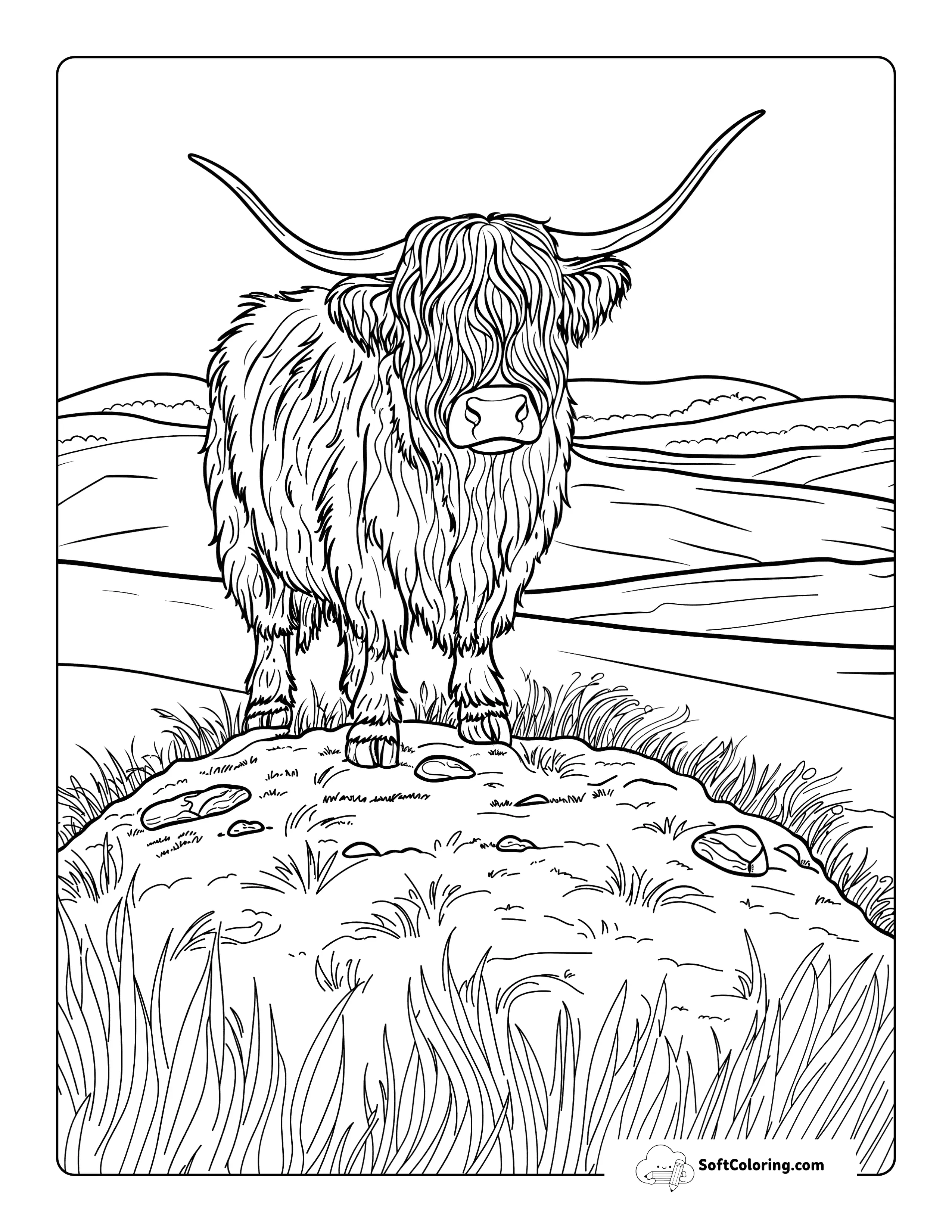 Realistic Cute Highland Cow On A Hill Coloring Sheet