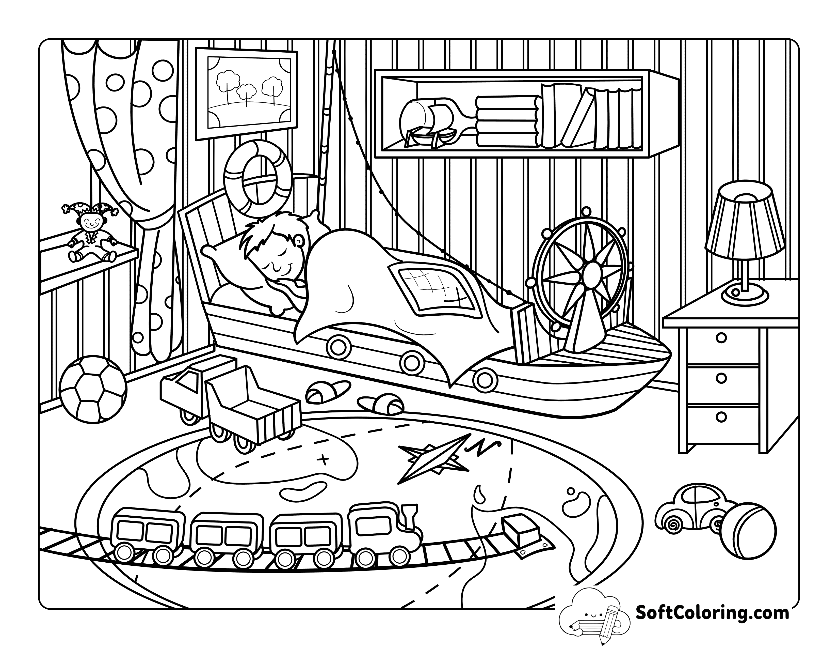 Cozy Boy's Bedroom Relaxing Aesthetic Page to Color