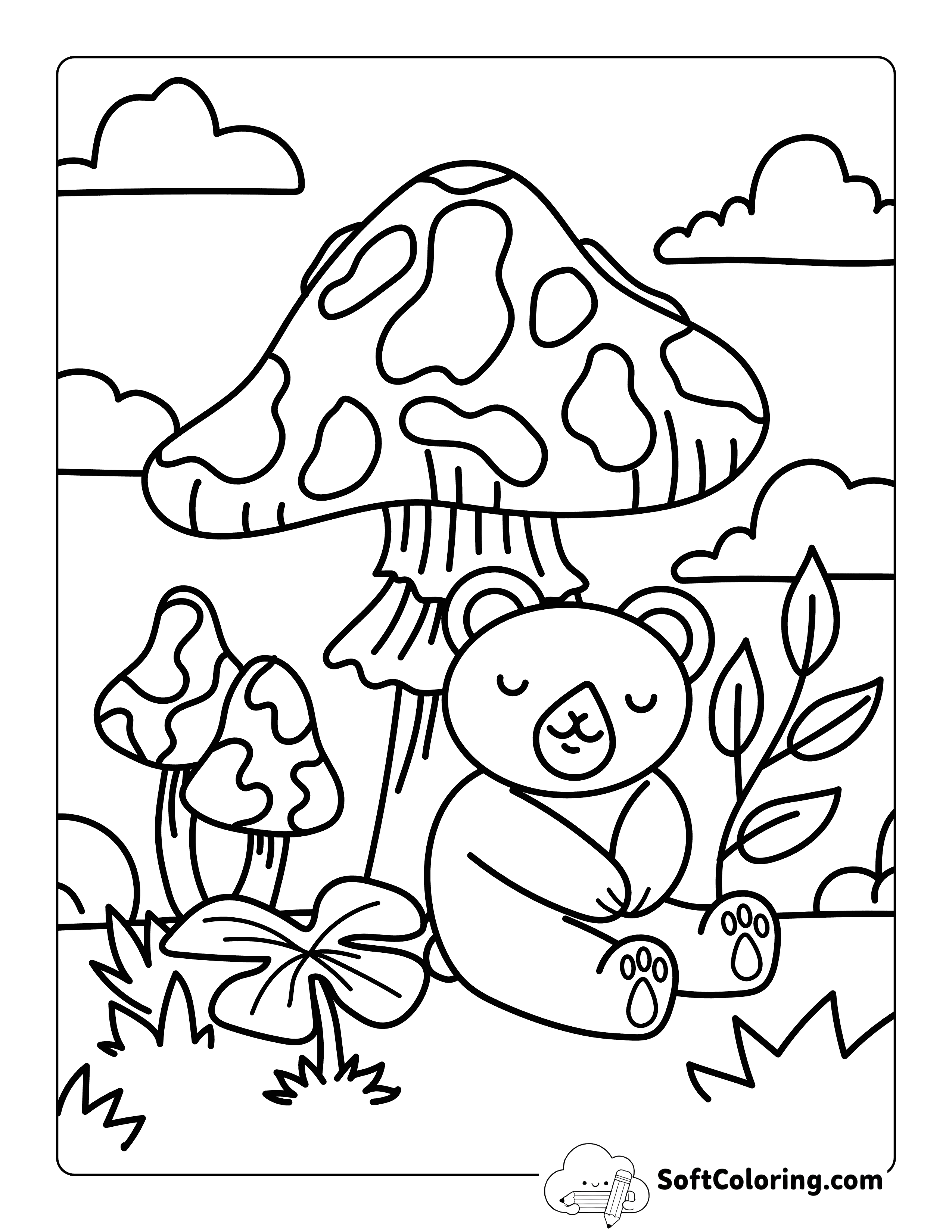 Bear Resting Against a Mushroom Simple Cozy Coloring Page