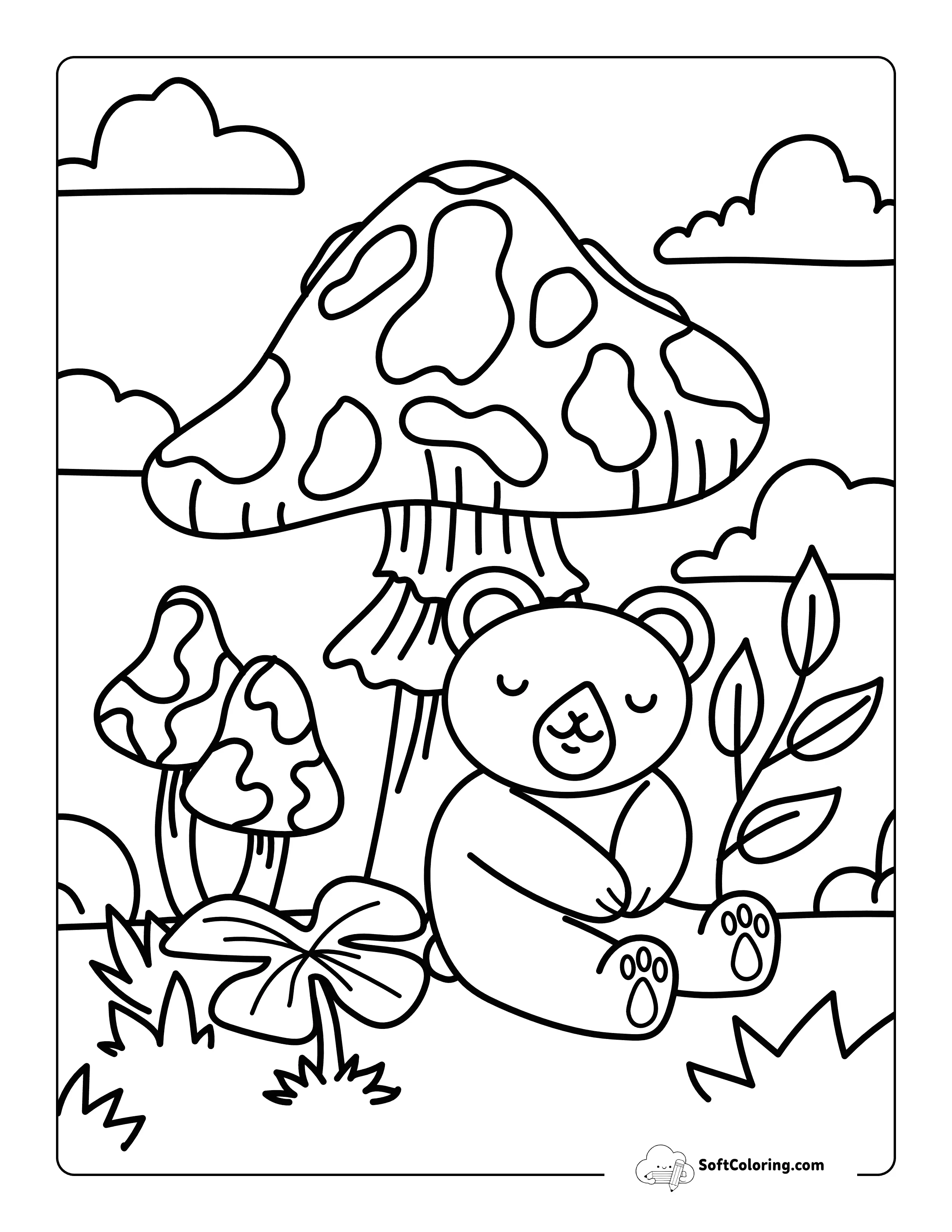 Bear Resting Against A Mushroom Simple Cozy Coloring Page