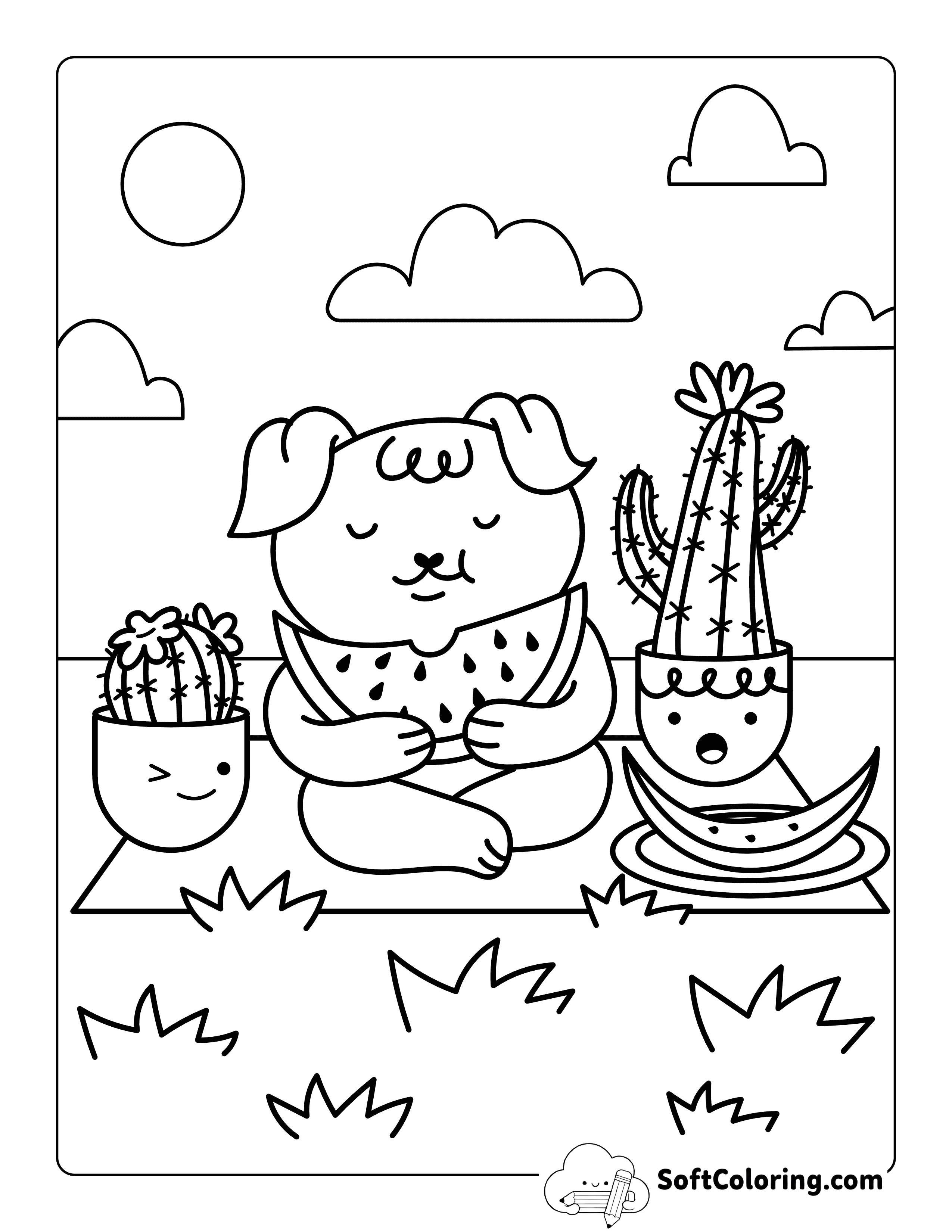 Kawaii Dog Picnic Simple Cozy Printable to Color