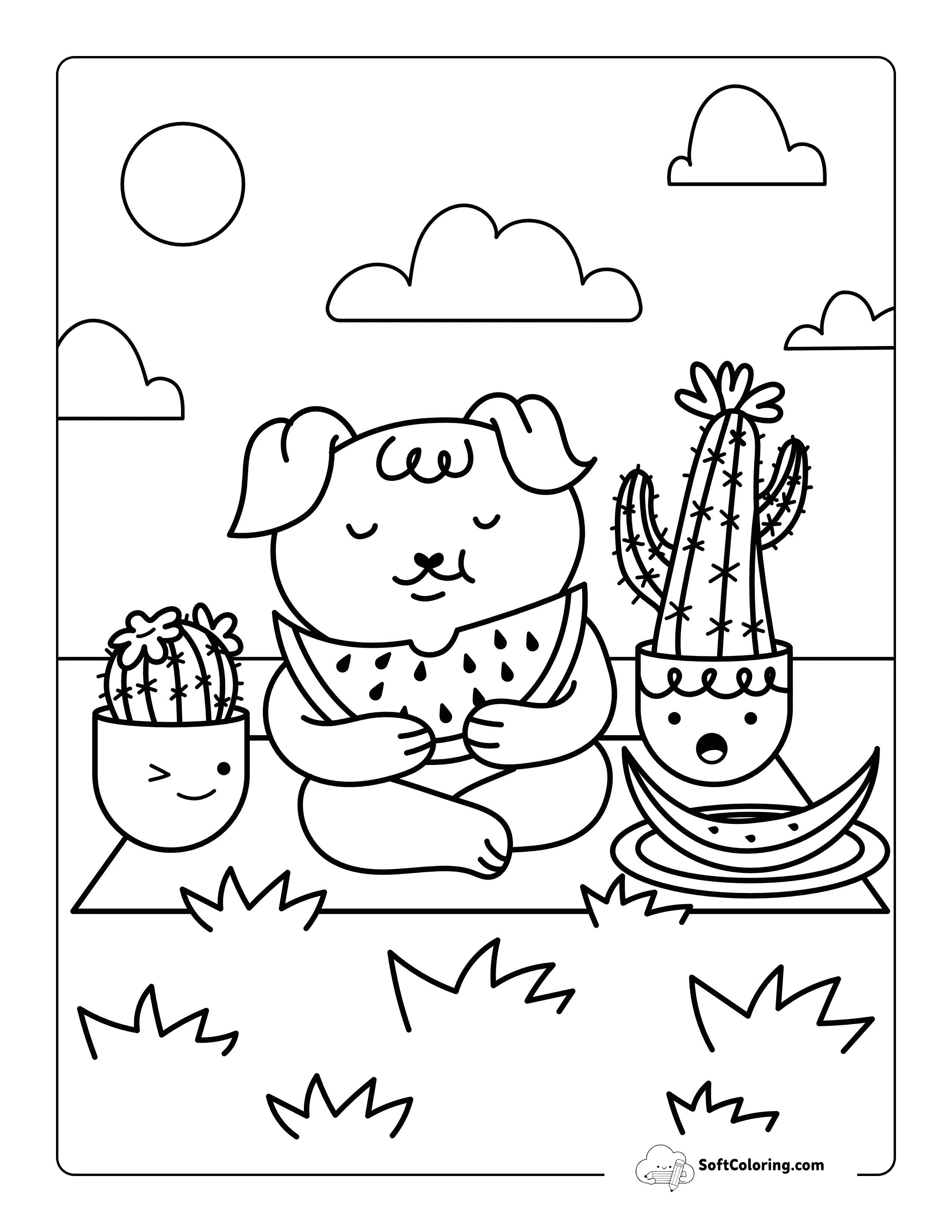 Kawaii Dog Picnic Simple Cozy Printable To Color