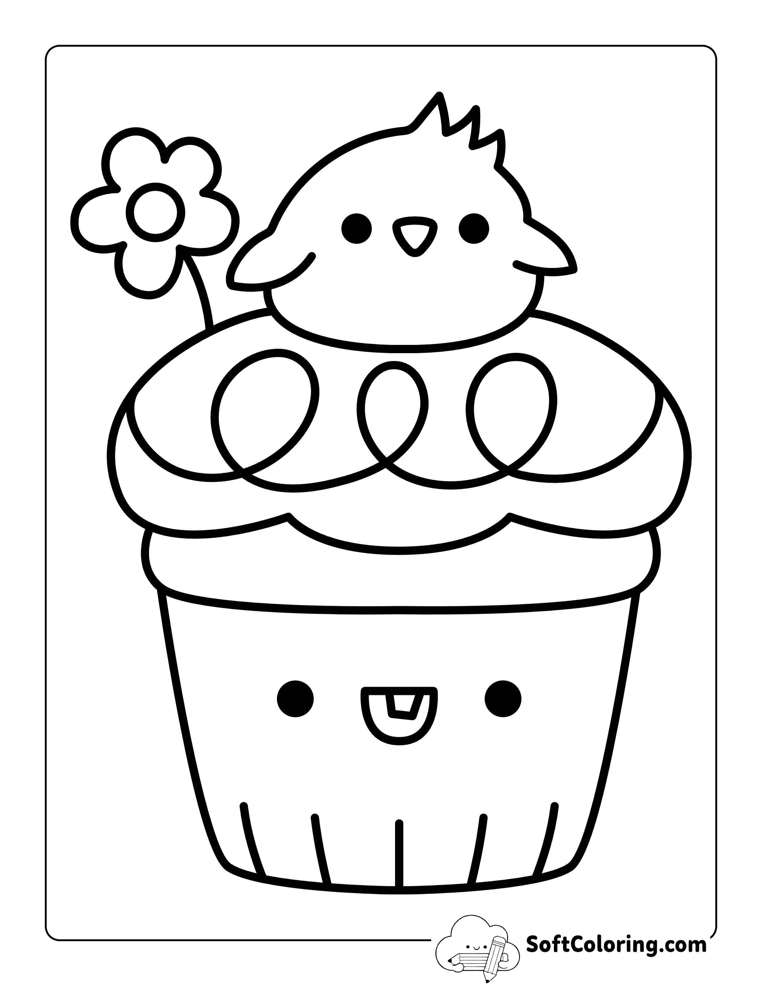 Simple Cute Spring Cupcake with Baby Chick Coloring Page