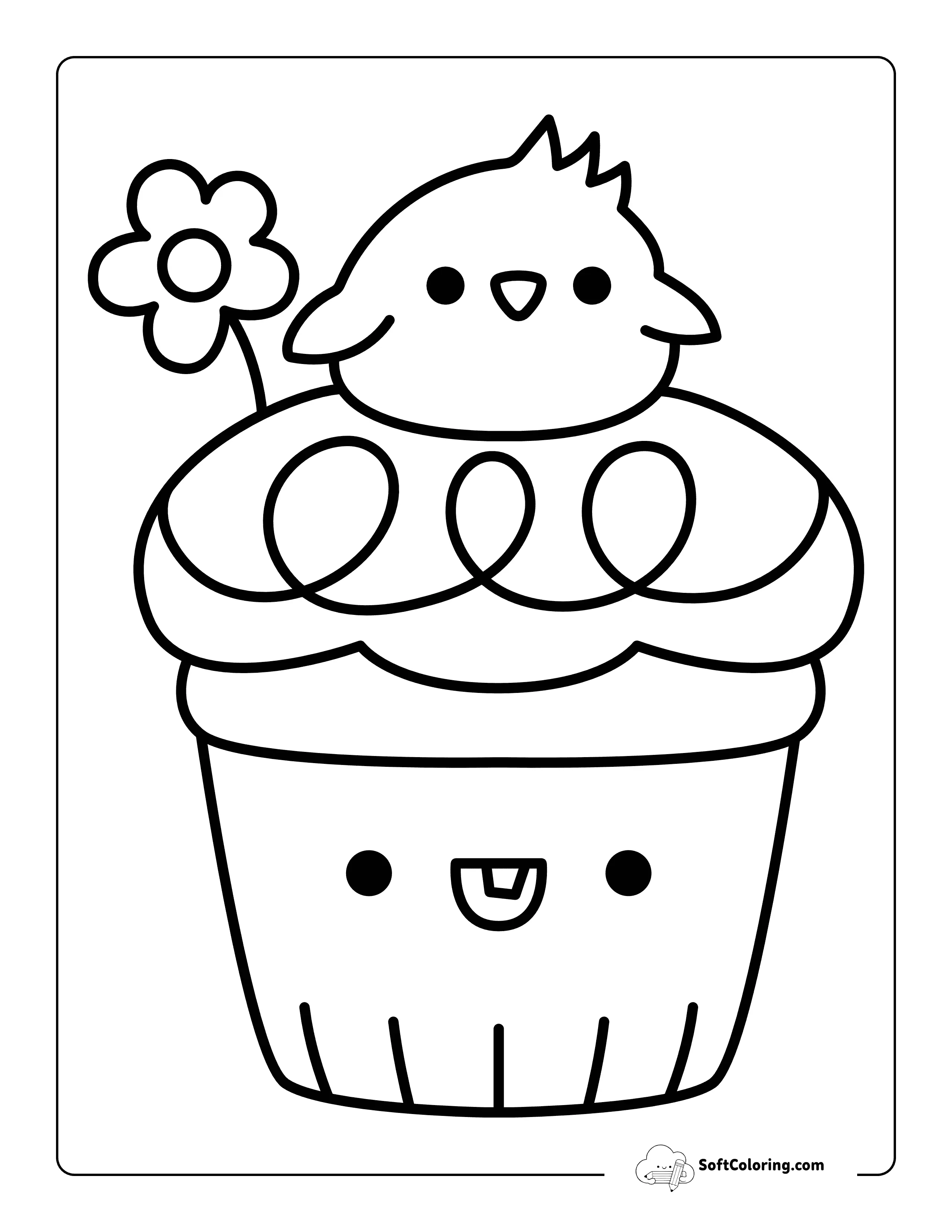 Simple Cute Spring Cupcake With Baby Chick Coloring Page
