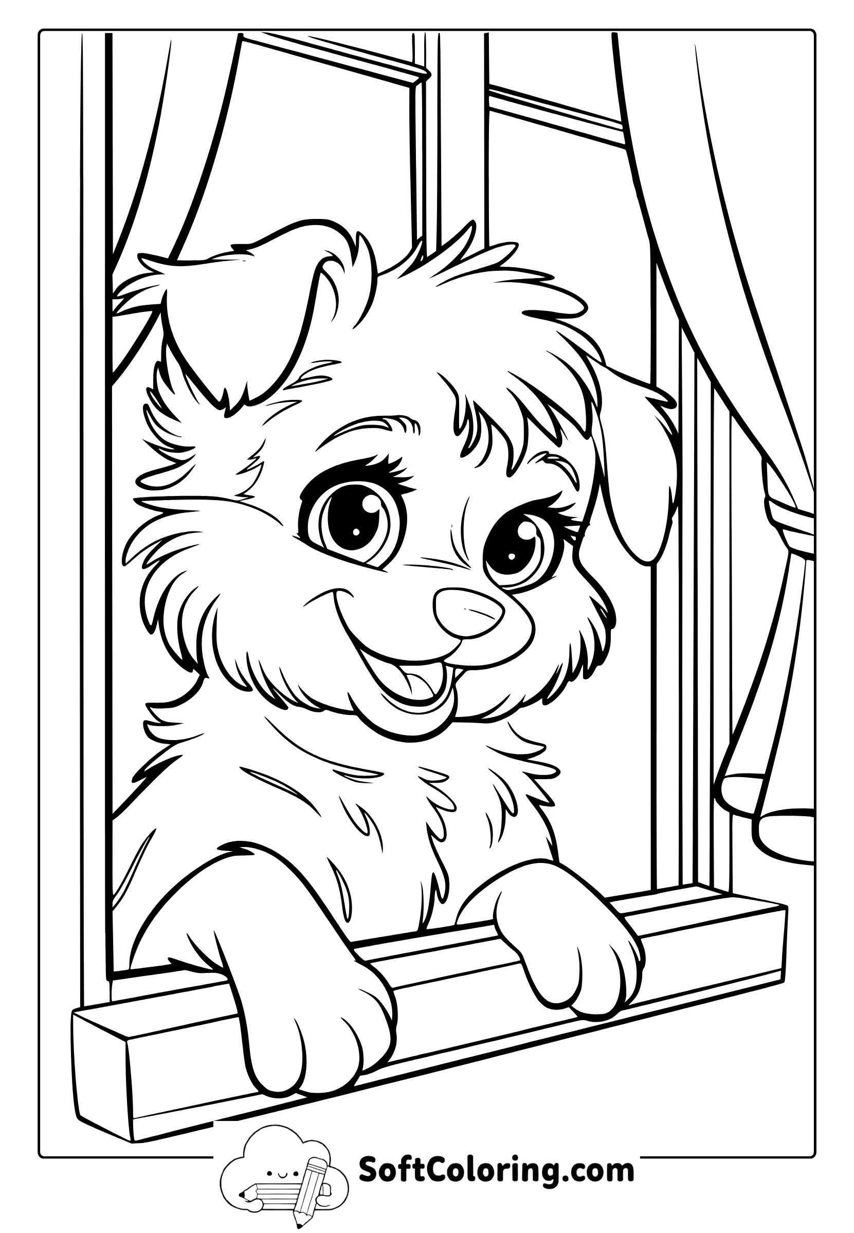 Curious Puppy At The Window Coloring Page
