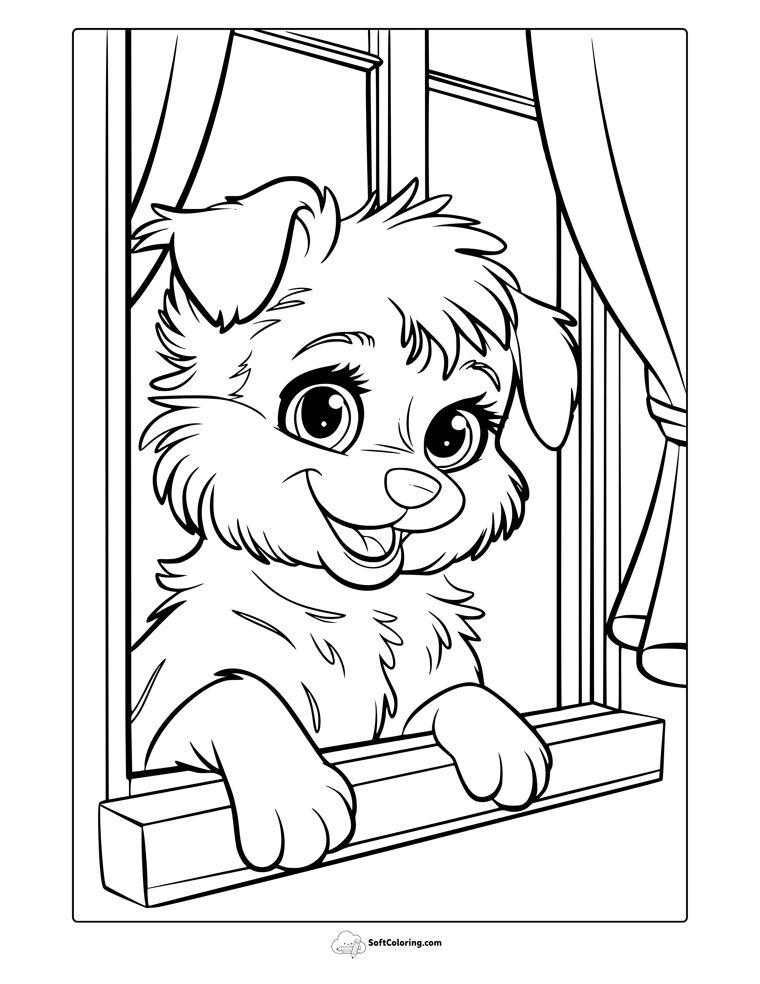 Curious Puppy At The Window Coloring Page