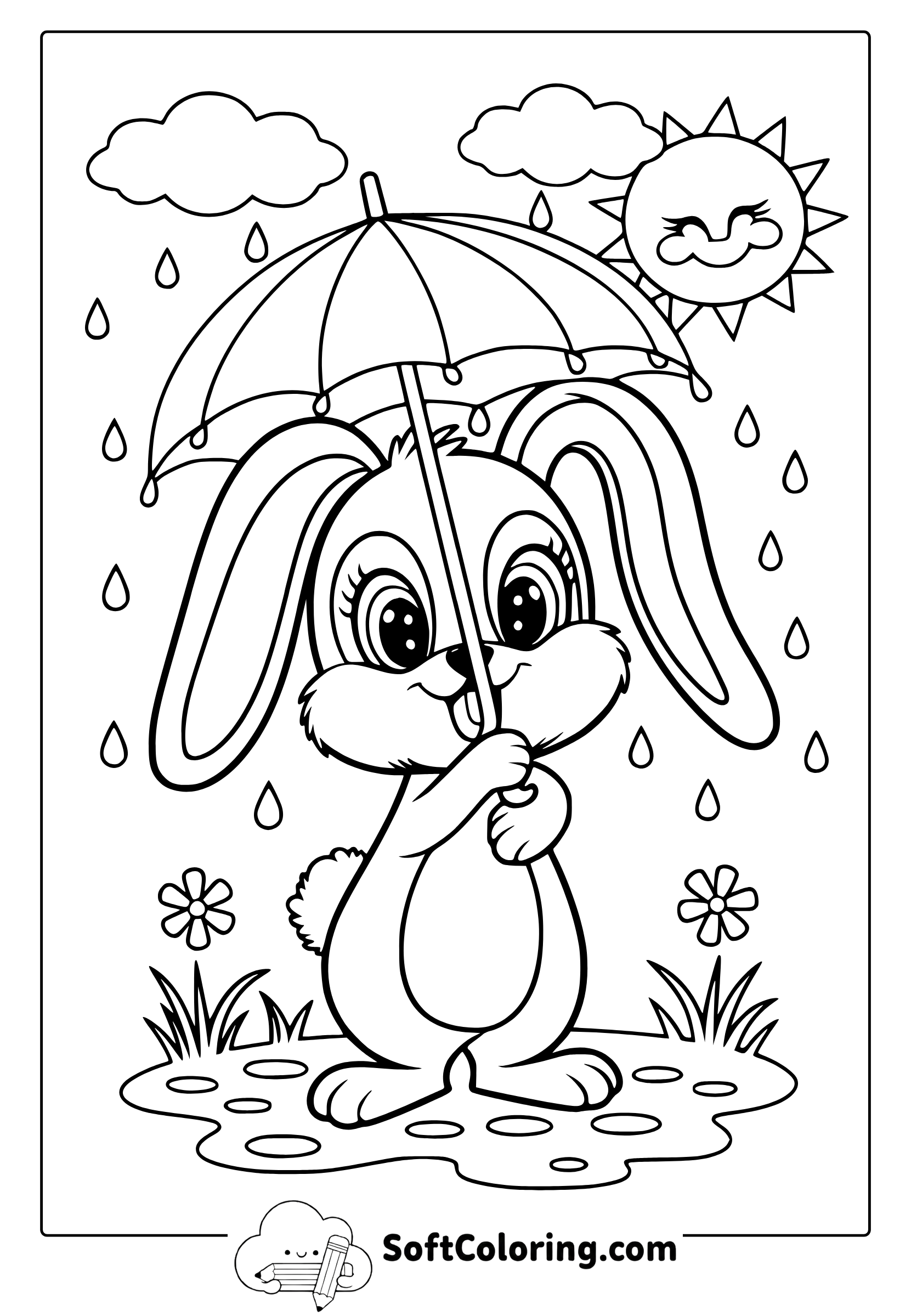 Cute Bunny with an Umbrella Coloring Page