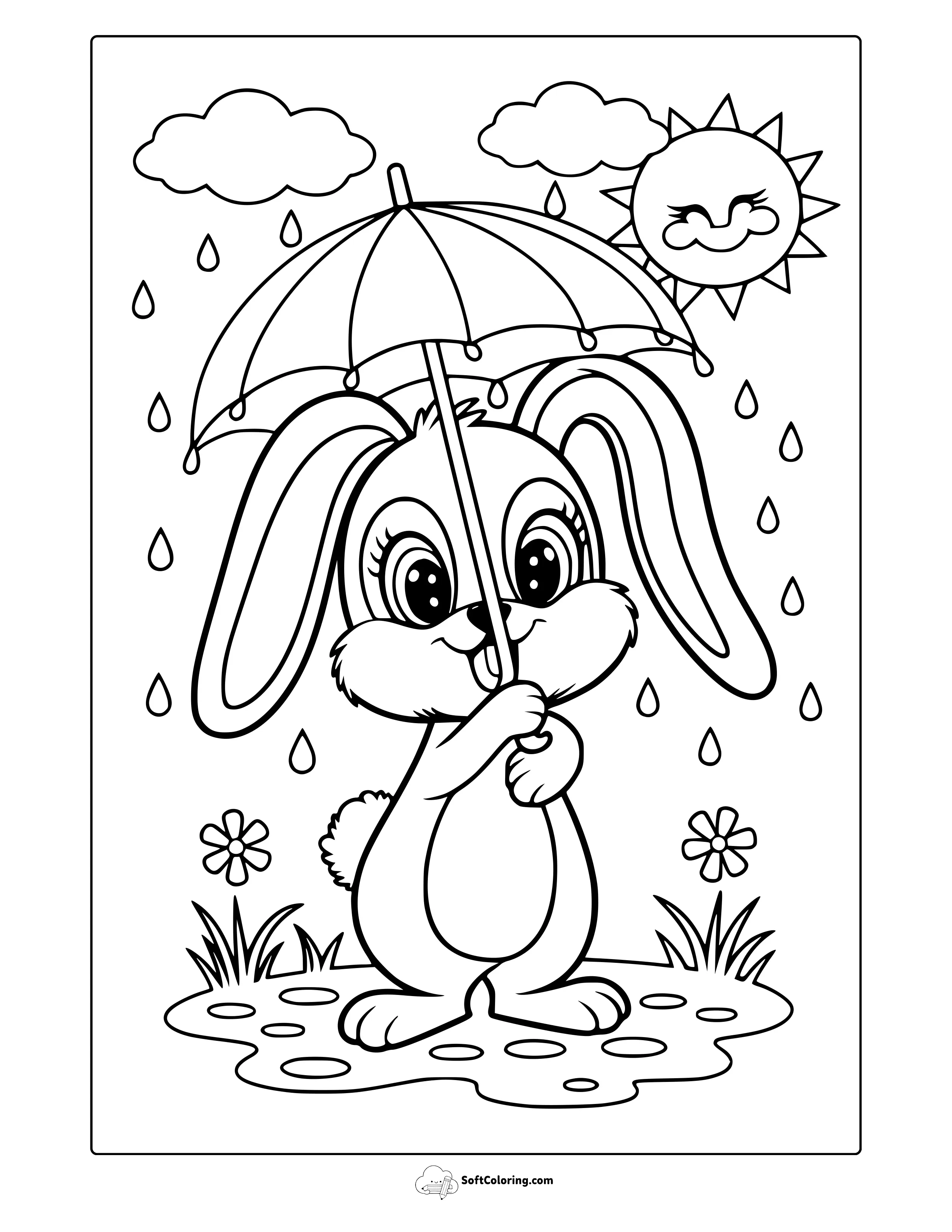 Cute Bunny With An Umbrella Coloring Page