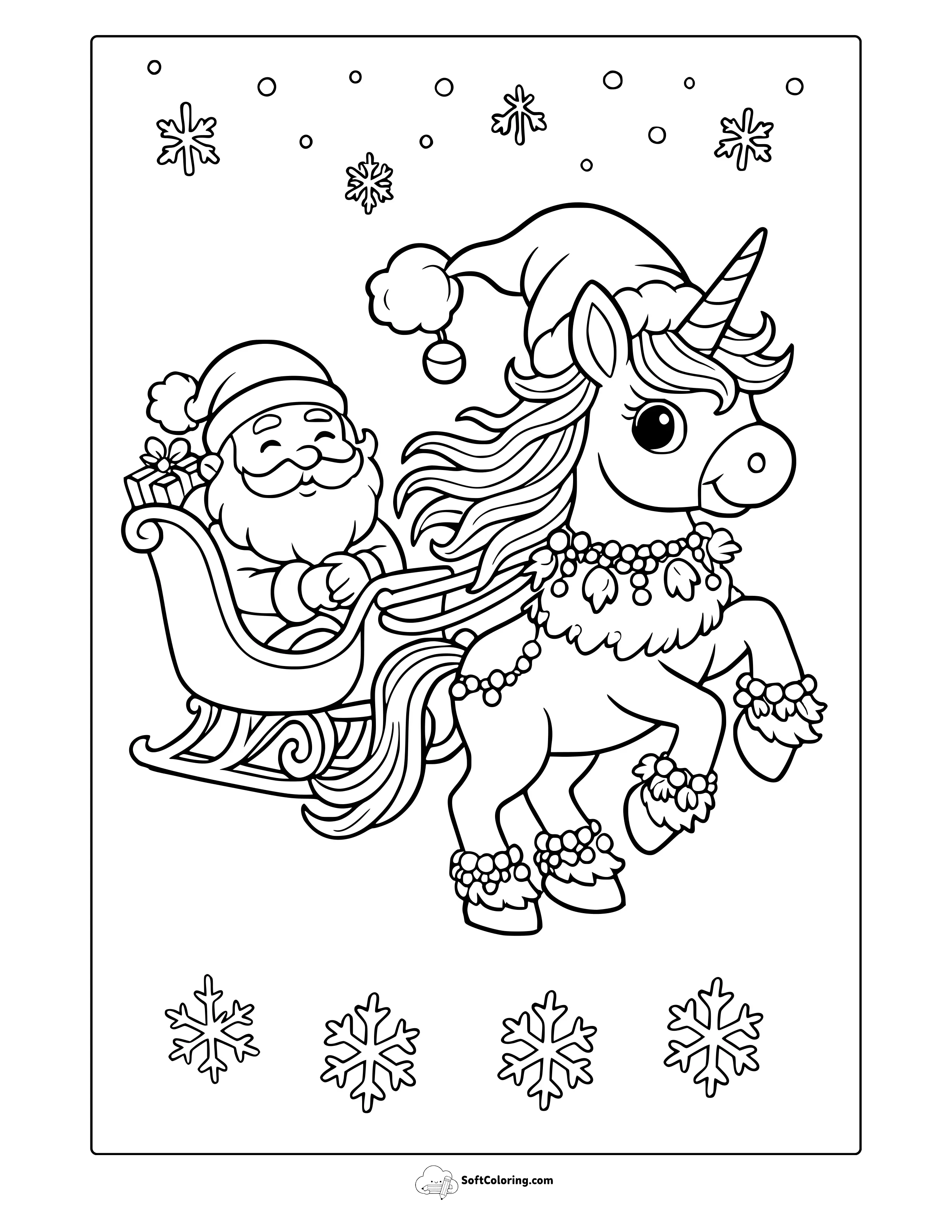 Cute Christmas Unicorn Coloring Page