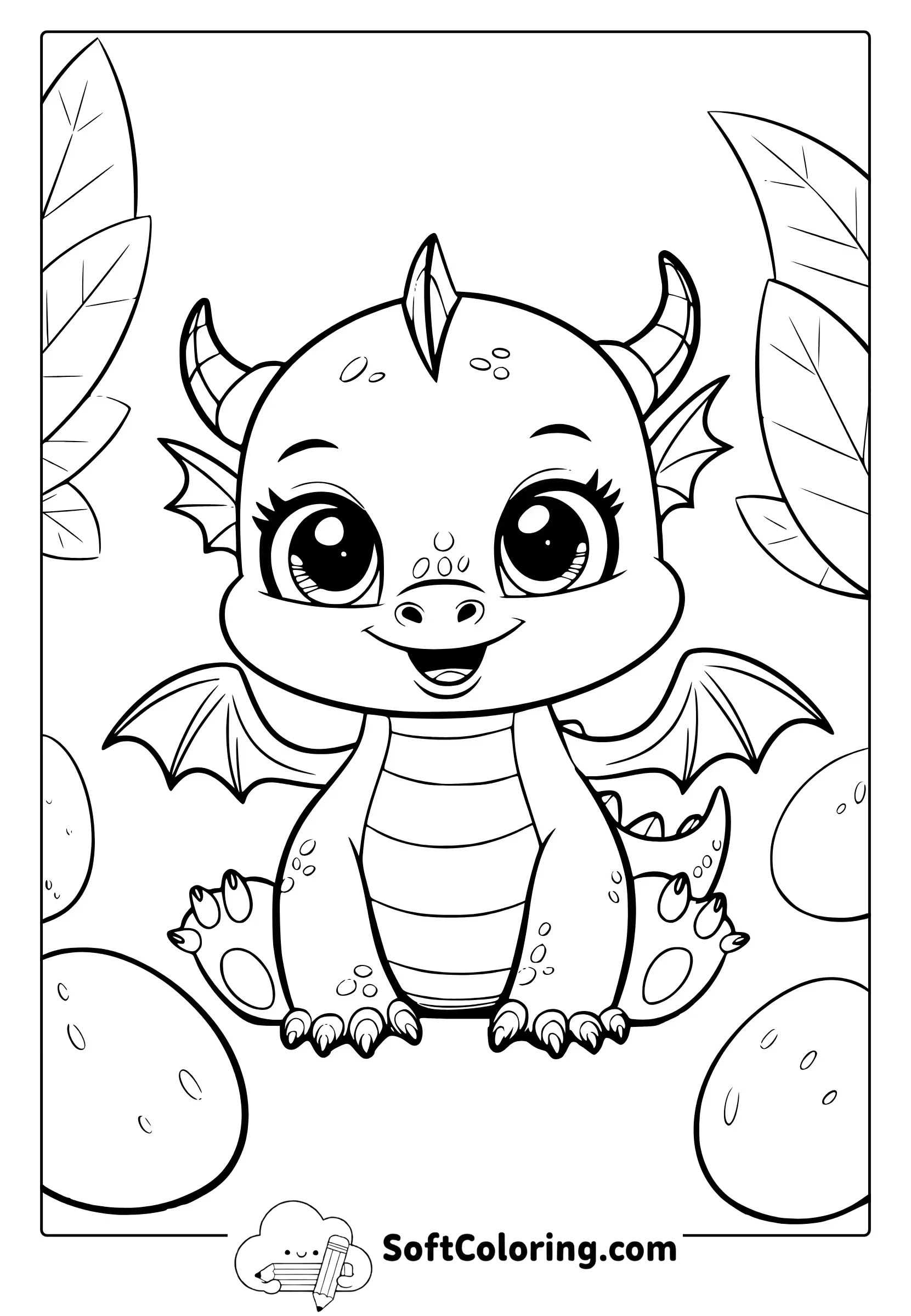 Cute Dragon with Eggs Coloring Page