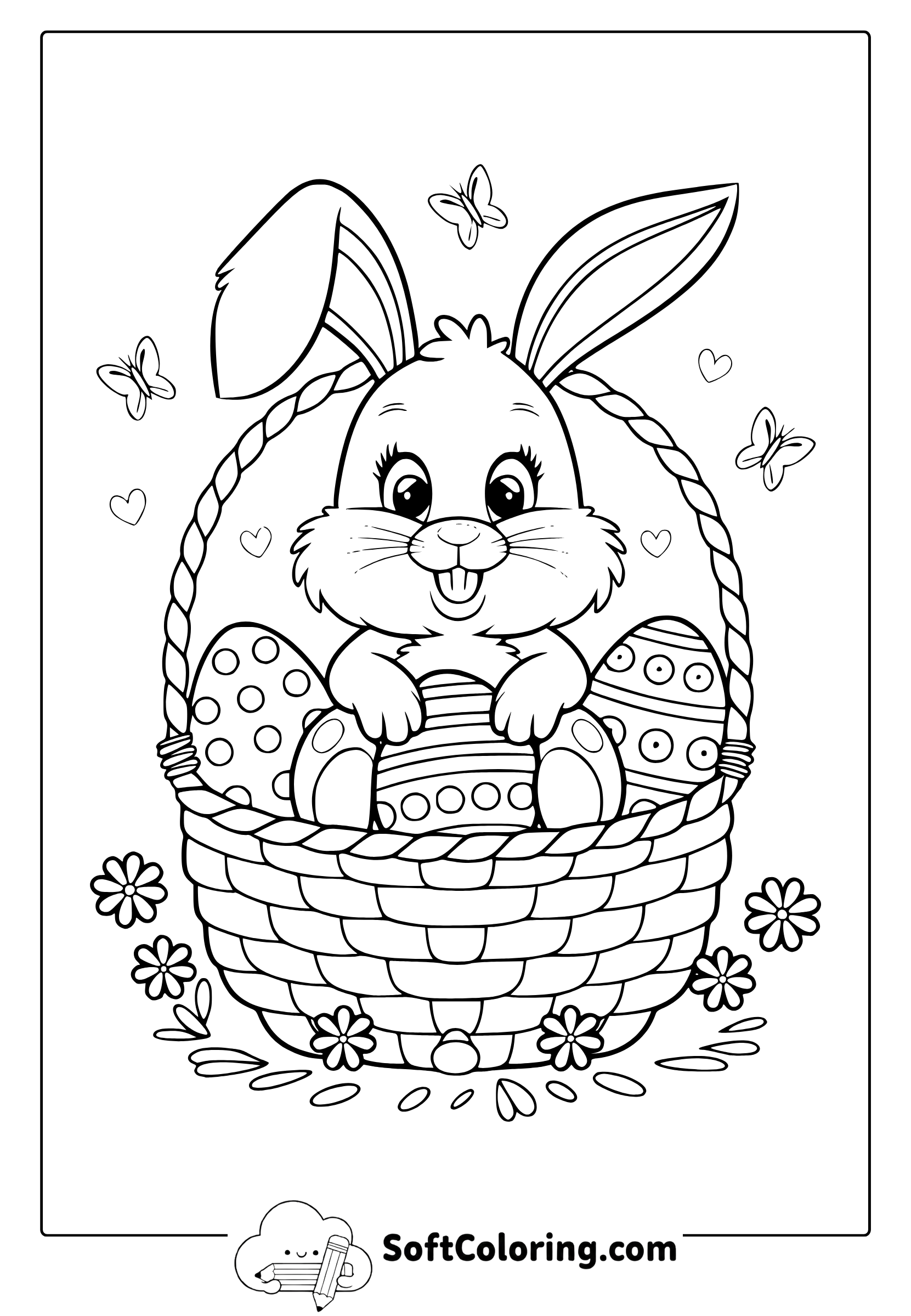 Cute Easter Bunny in Basket Coloring Page