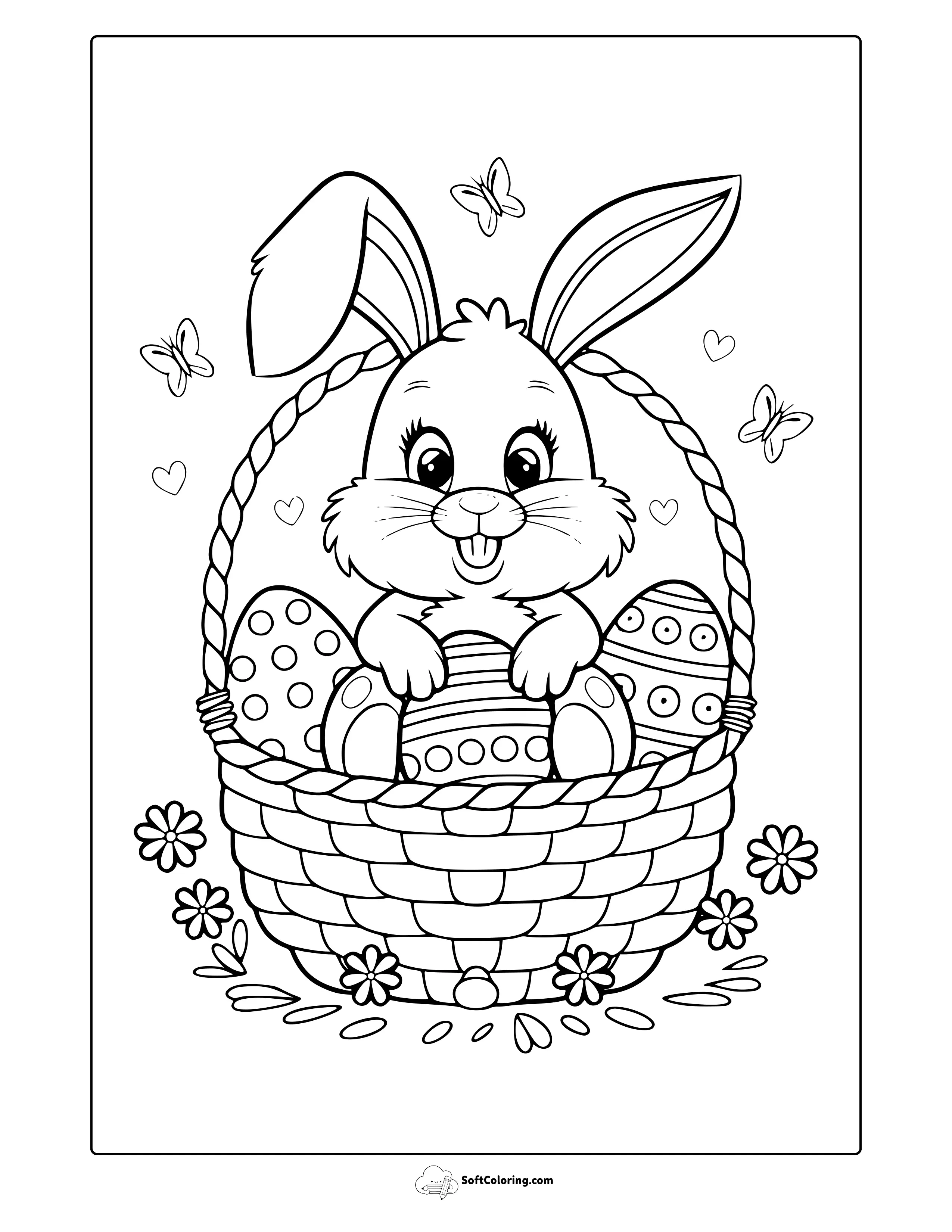 Cute Easter Bunny In Basket Coloring Page