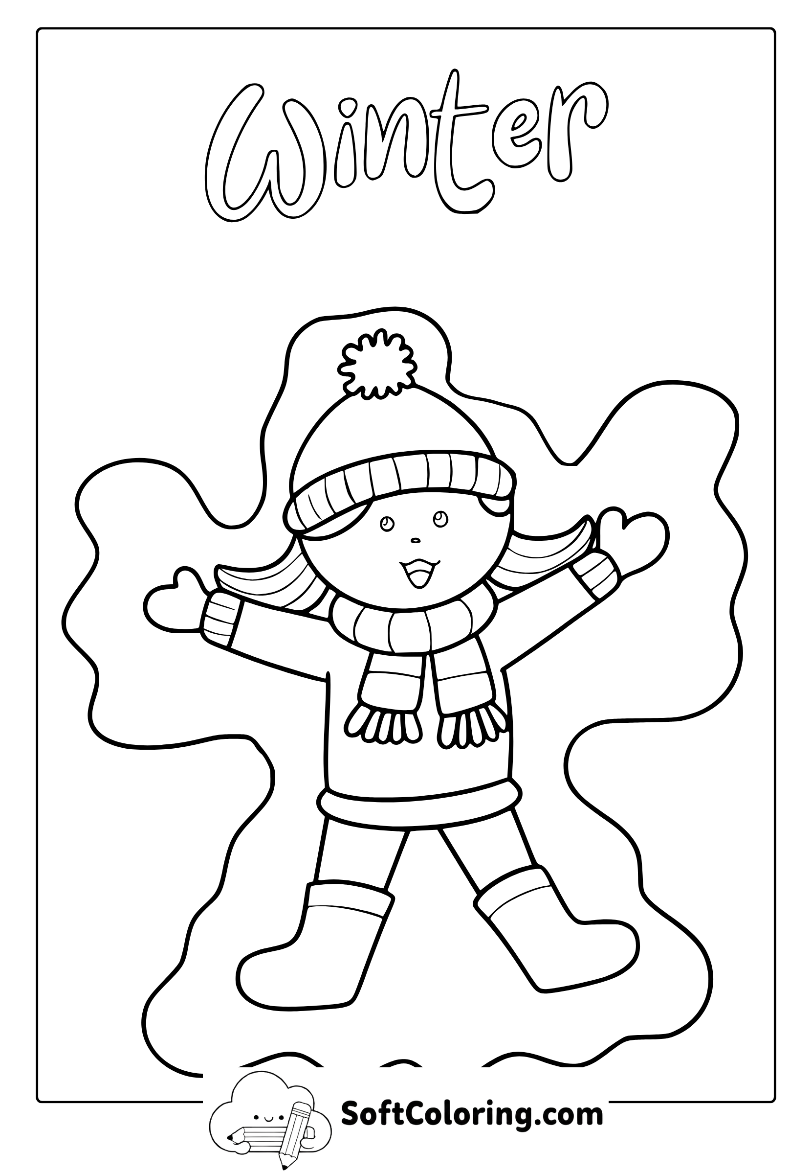 cute girl making a snow angel coloring page