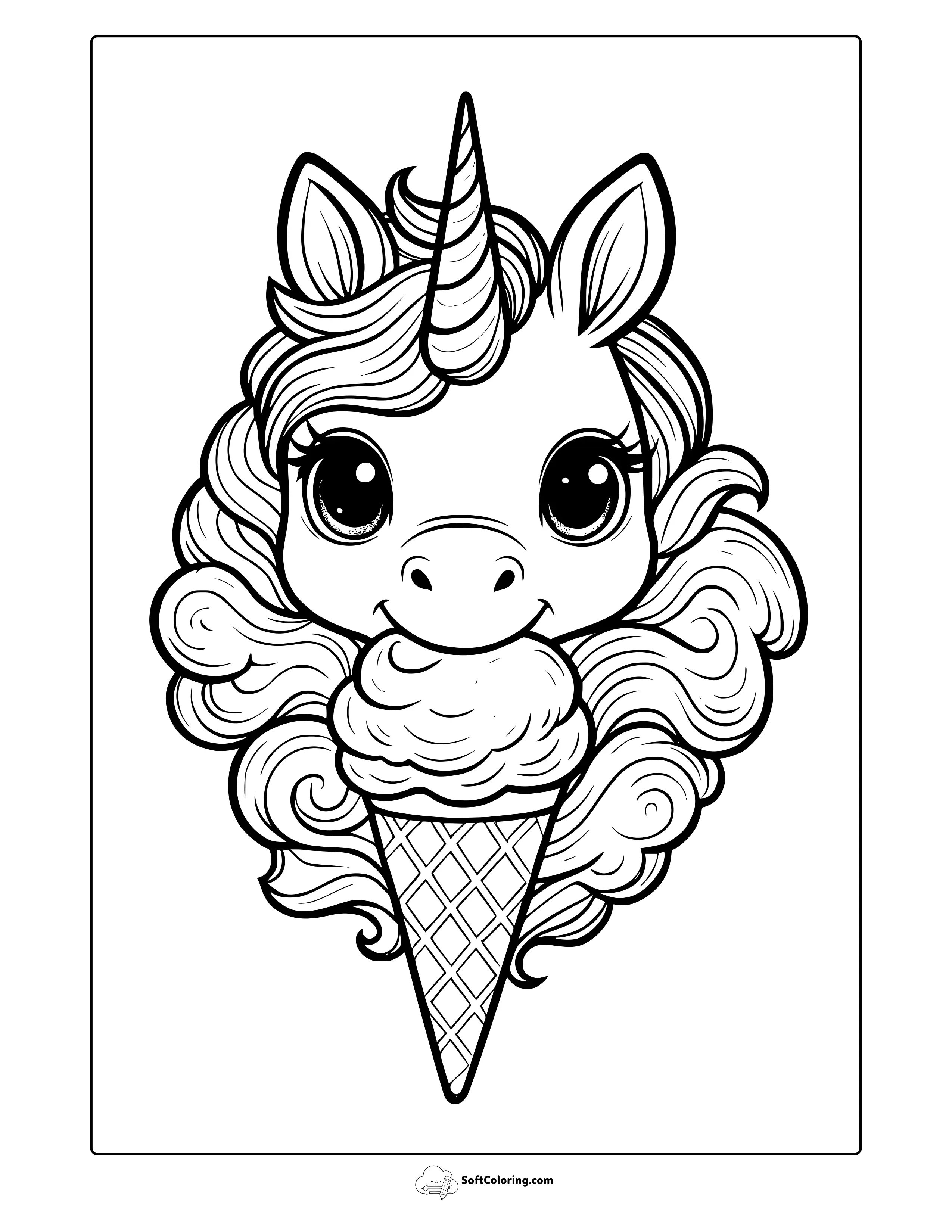 Cute Ice Cream Unicorn Coloring Page