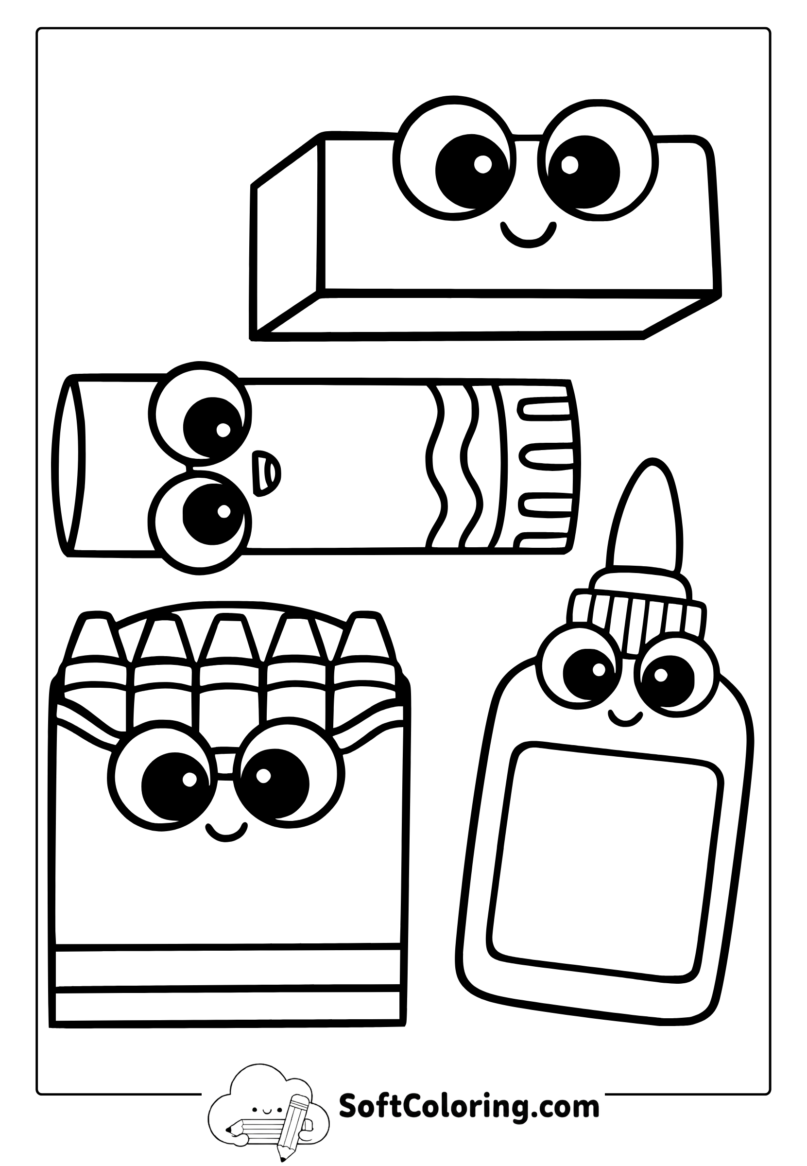 cute kawaii school materials coloring page