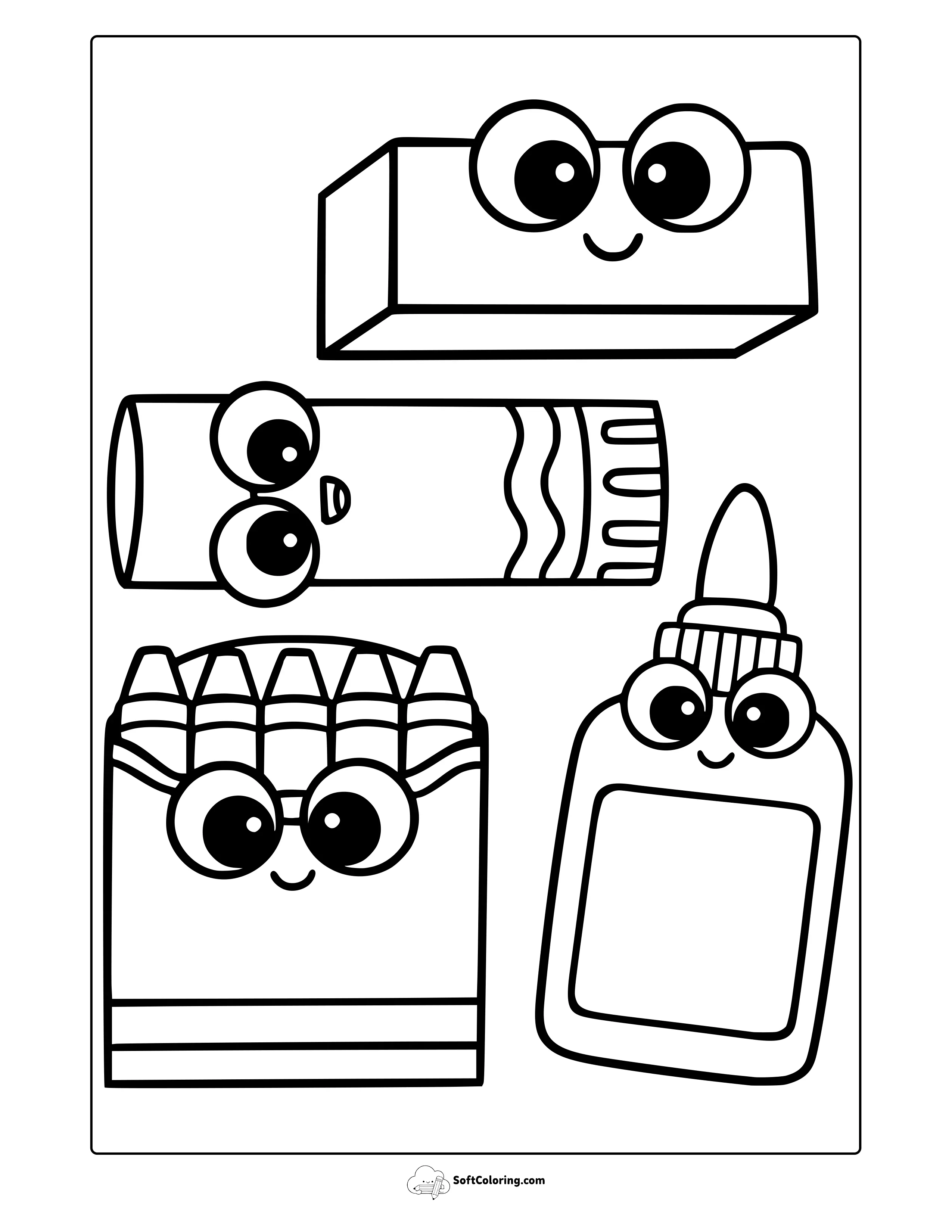Cute Kawaii School Materials Coloring Page
