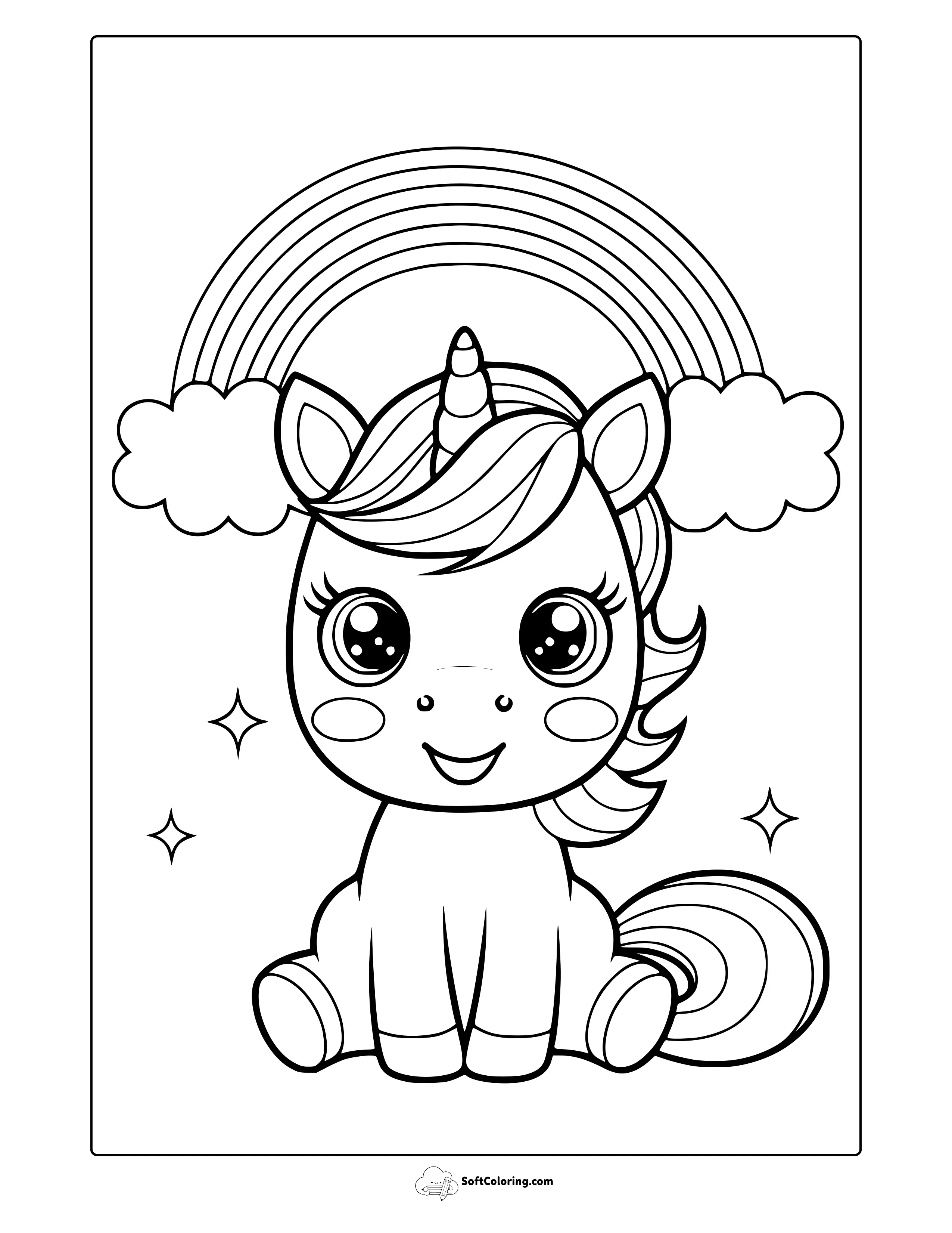Cute Kawaii Unicorn Coloring Page