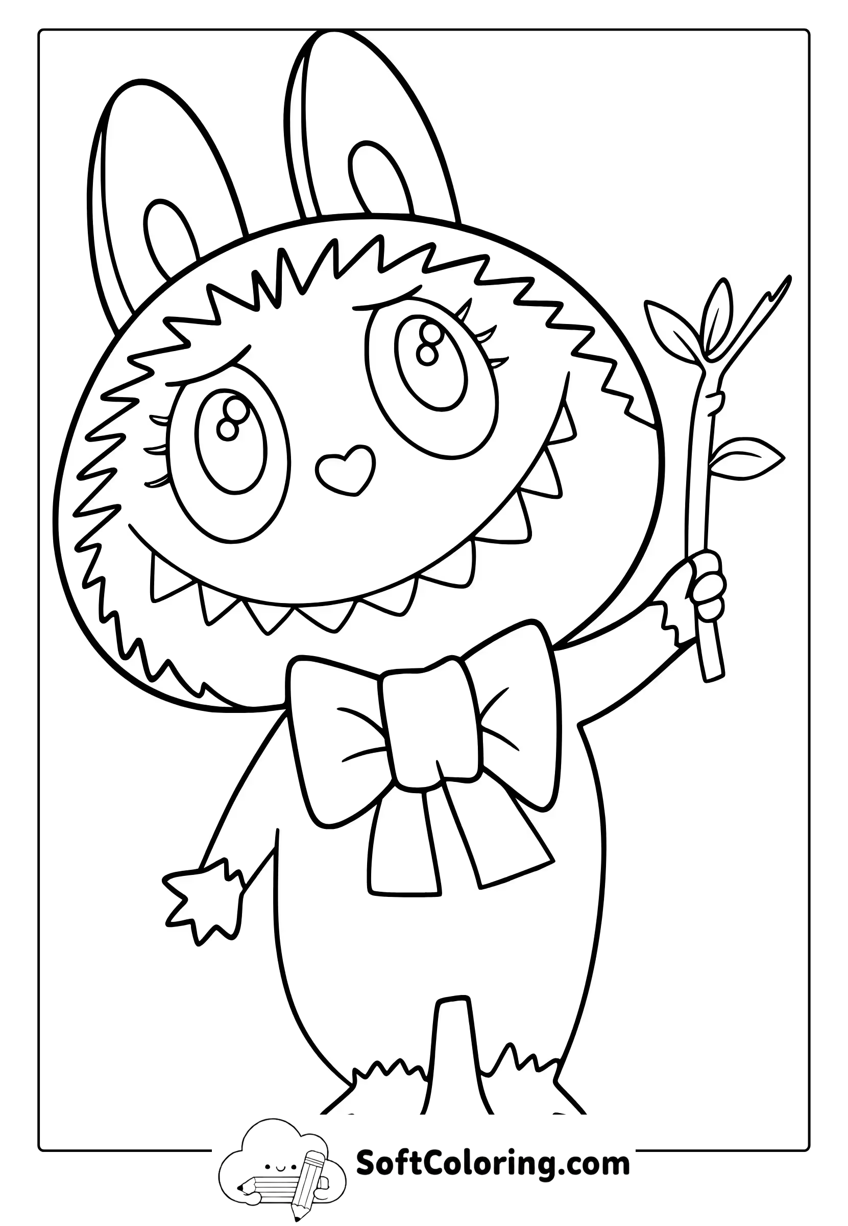 Cute Labubu extending a branch coloring page