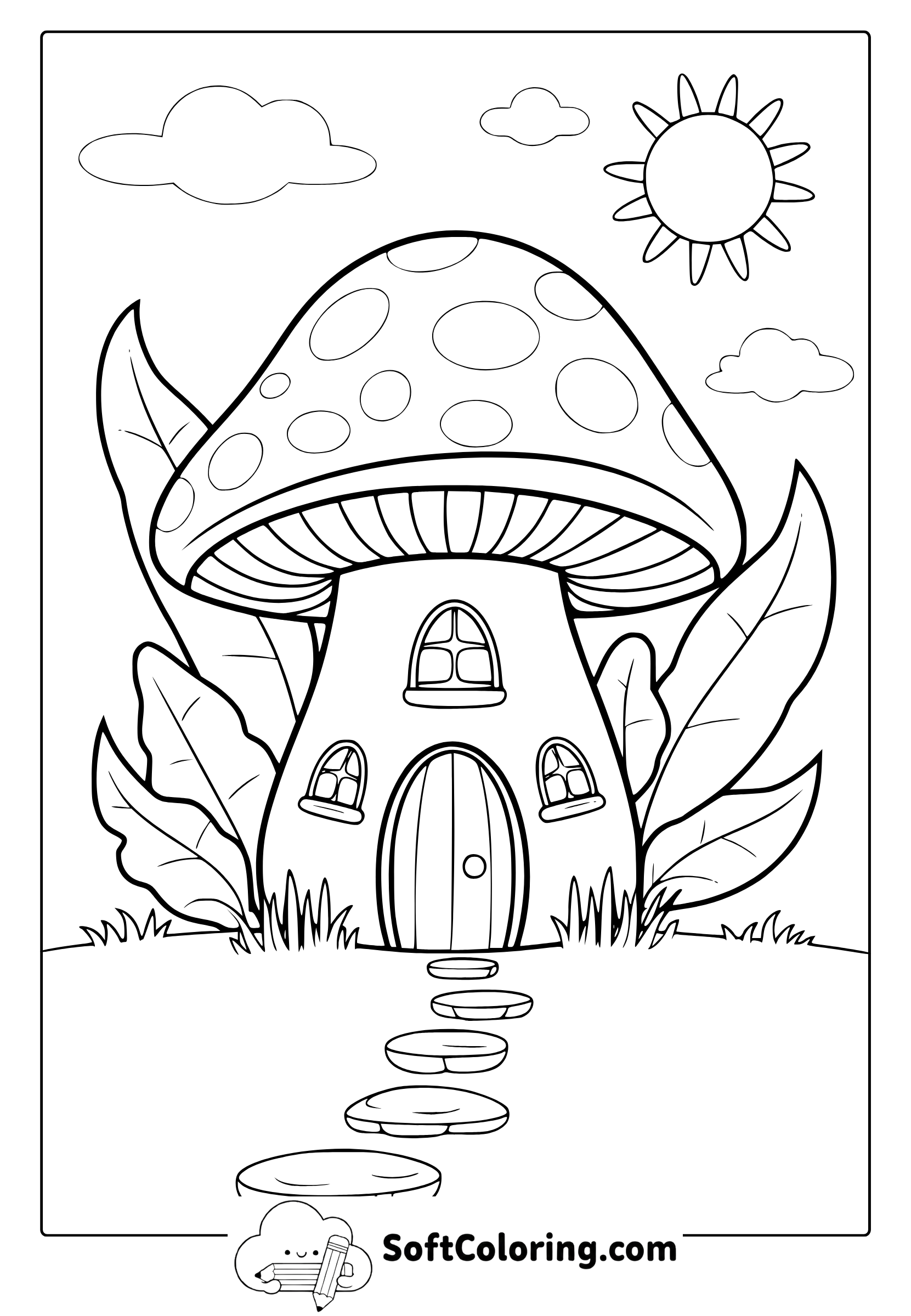 cute mushroom house coloring page