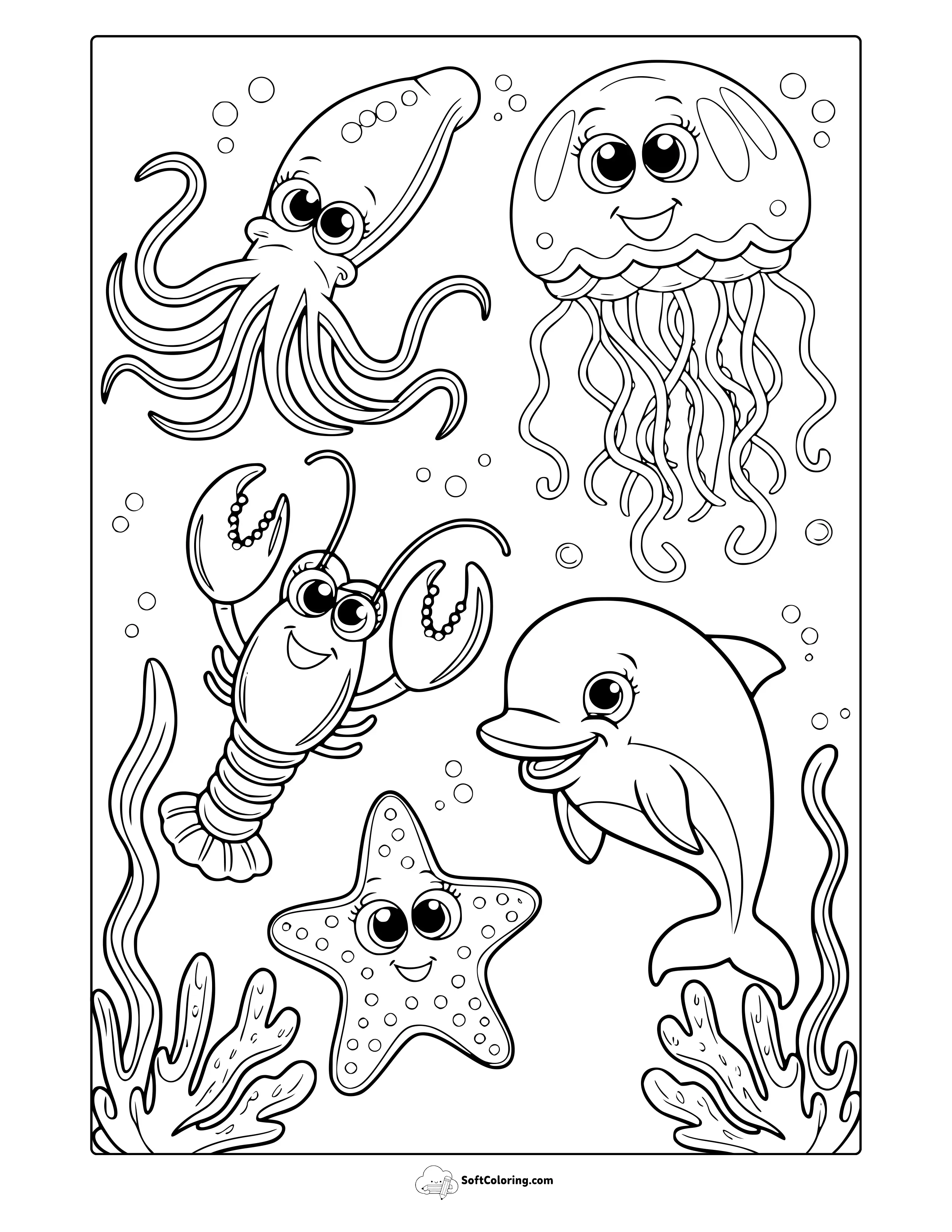 Cute Sea Animals Coloring Page