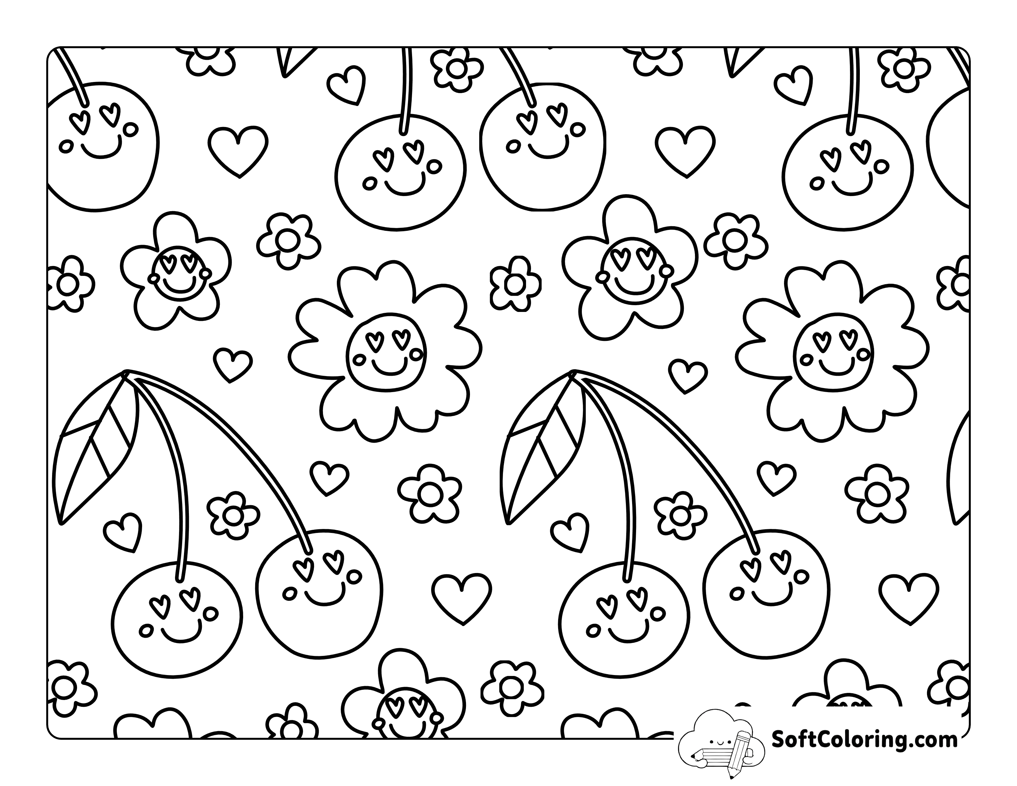 Cherries and Daisies Cute Coloring Sheet