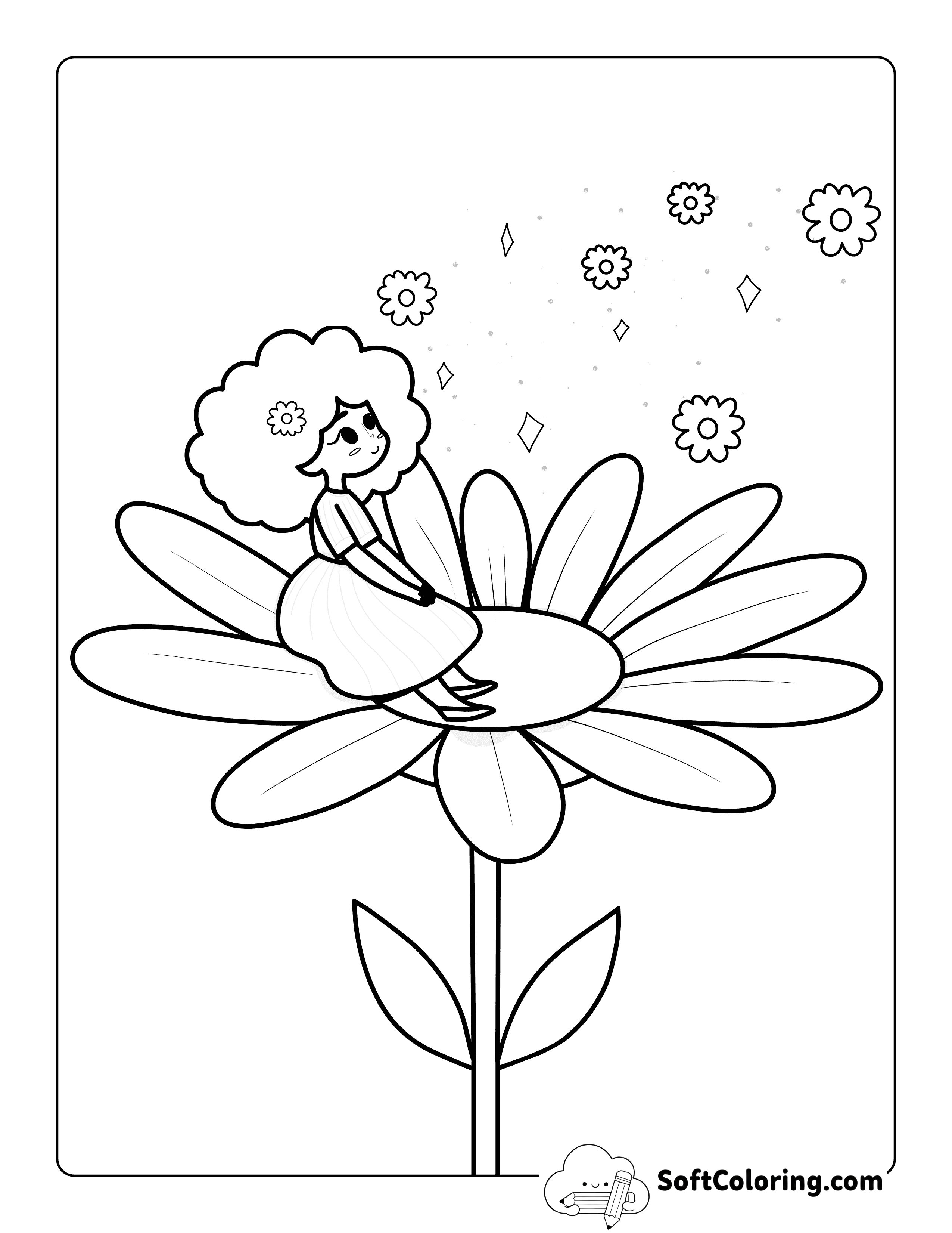 Cute Girl Sitting on a Daisy Coloring Page