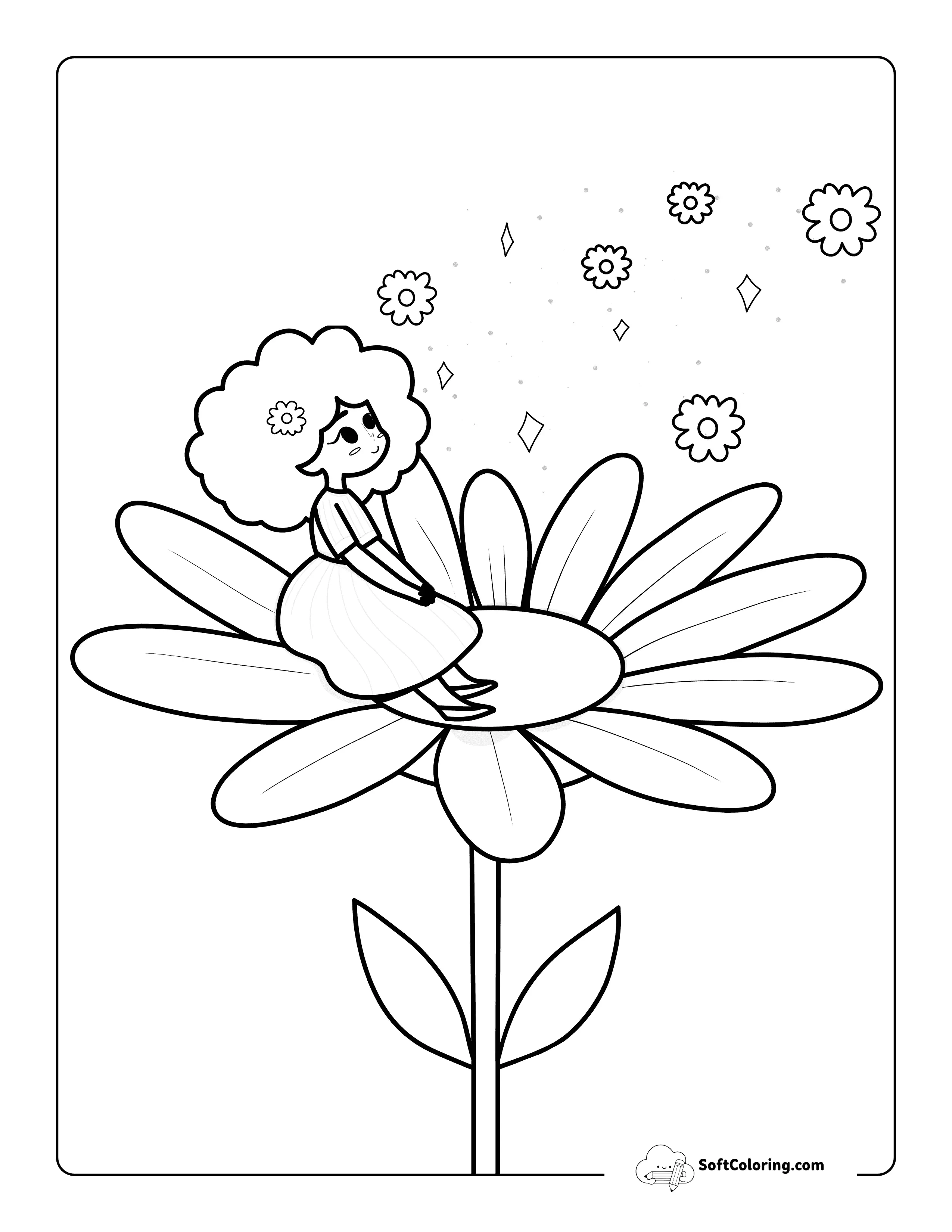 Cute Girl Sitting On A Daisy Coloring Page